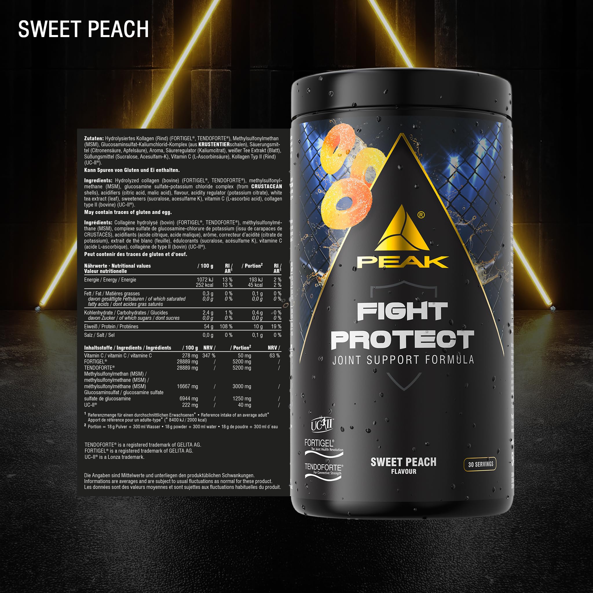 PEAK Fight Protect - 540g Geschmack Sweet Peach I Gelenkunterstützung mit Collagen Pulver & Peptiden, MSM, Glucosamin & Vitamin C