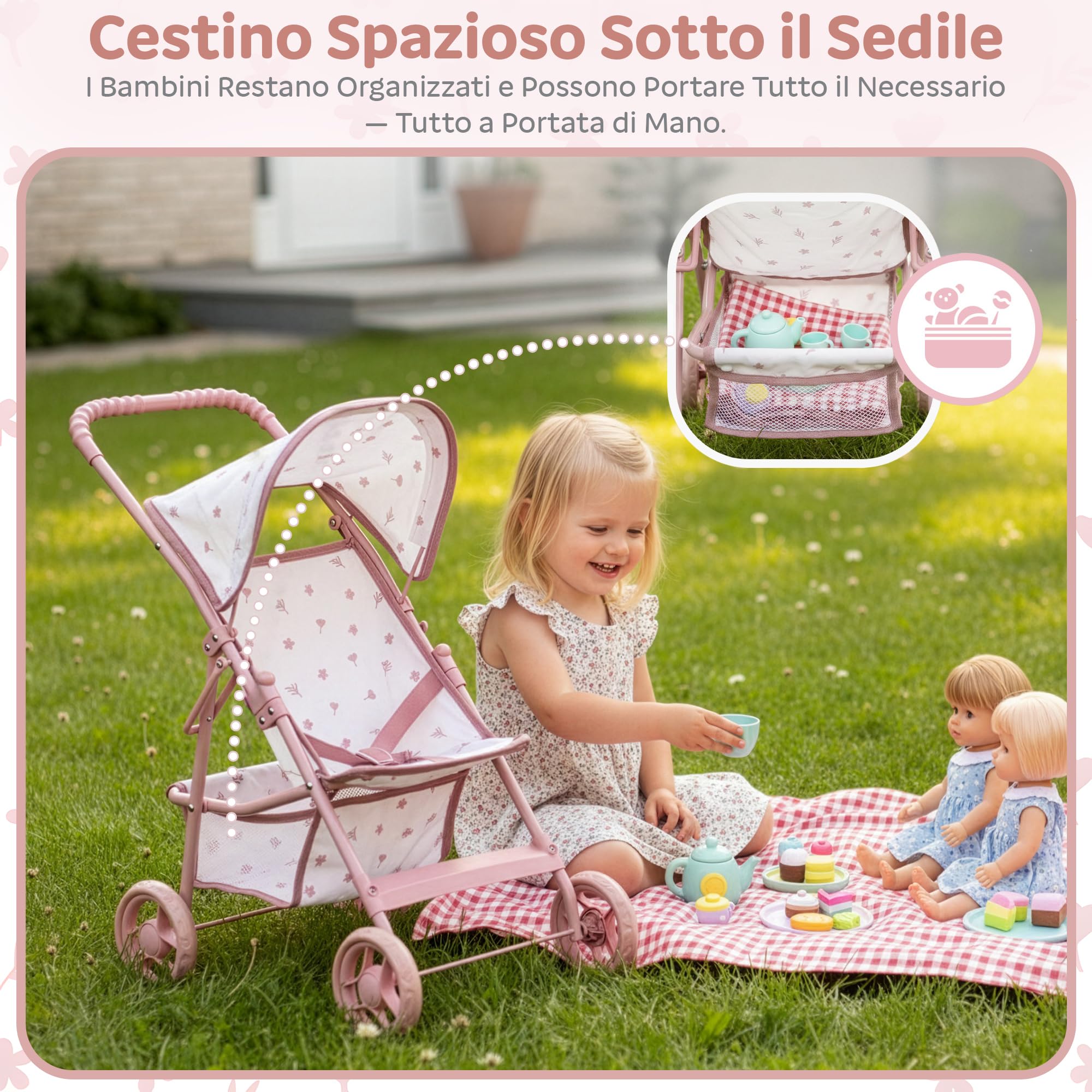 Kinderplay Passeggino per bambole dai 3 anni in su - Passeggino leggero e pieghevole, con ruote in EVA, cinghia e tettuccio, colore rosa