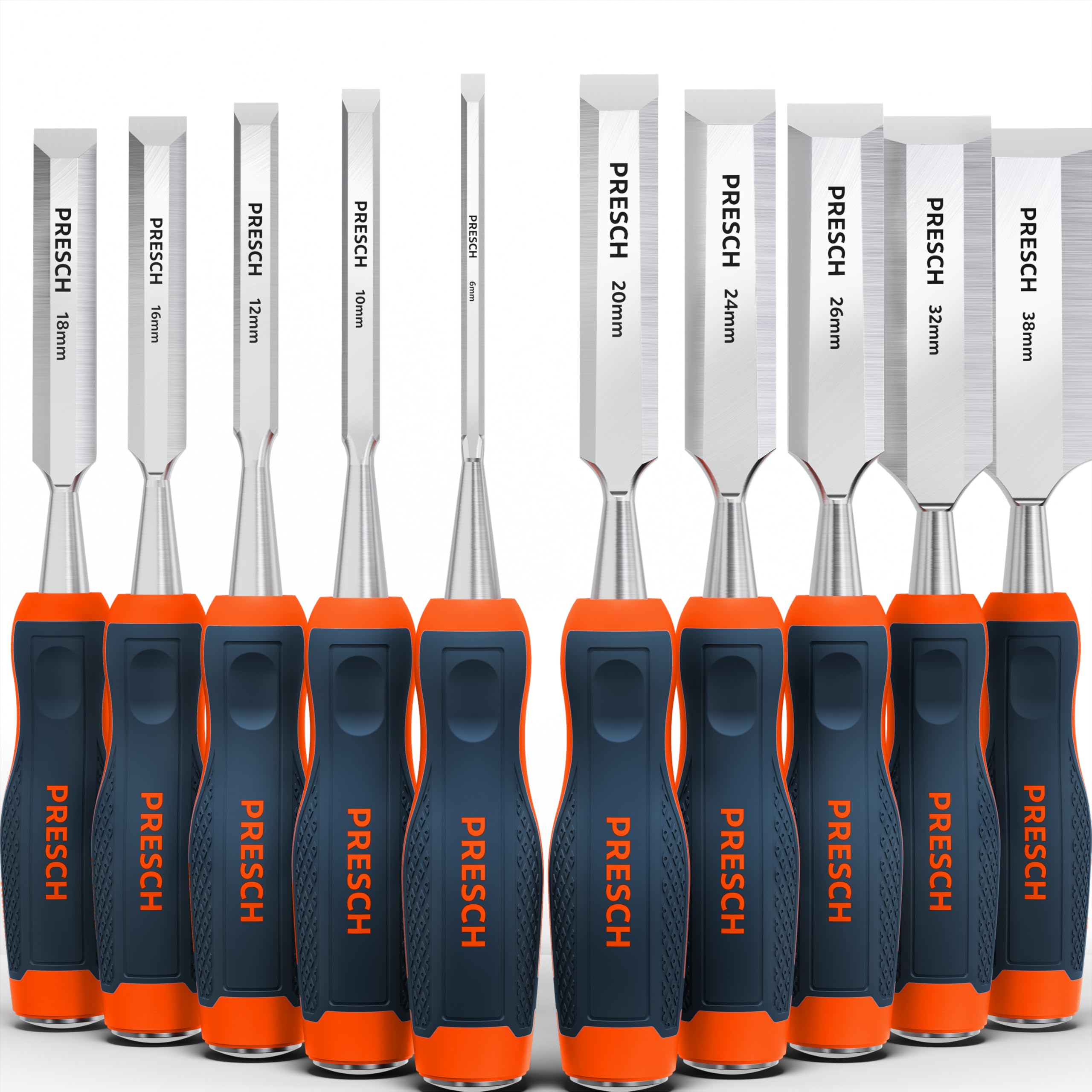 Presch Juego de cinceles para madera 10 uds. - Completamente afilados (6, 10, 12, 16, 18, 20, 24, 26, 32, 38 mm) - Con ángulo de cuña de 25° e una robusta caperuza metálica para impactos