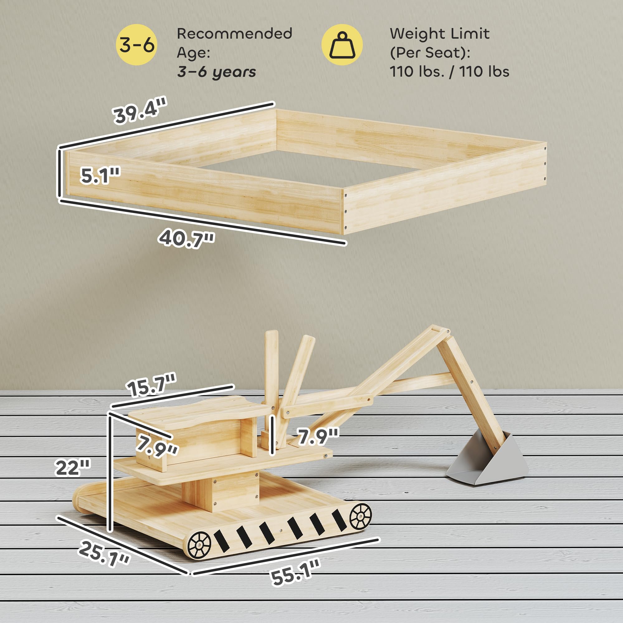 Qaba Caja de arena de madera con excavadora, caja de arena para niños al aire libre con asiento giratorio de 360°, pozo de arena de madera de abeto con forro inferior para niños de 3 a 6 años, 72 x 35