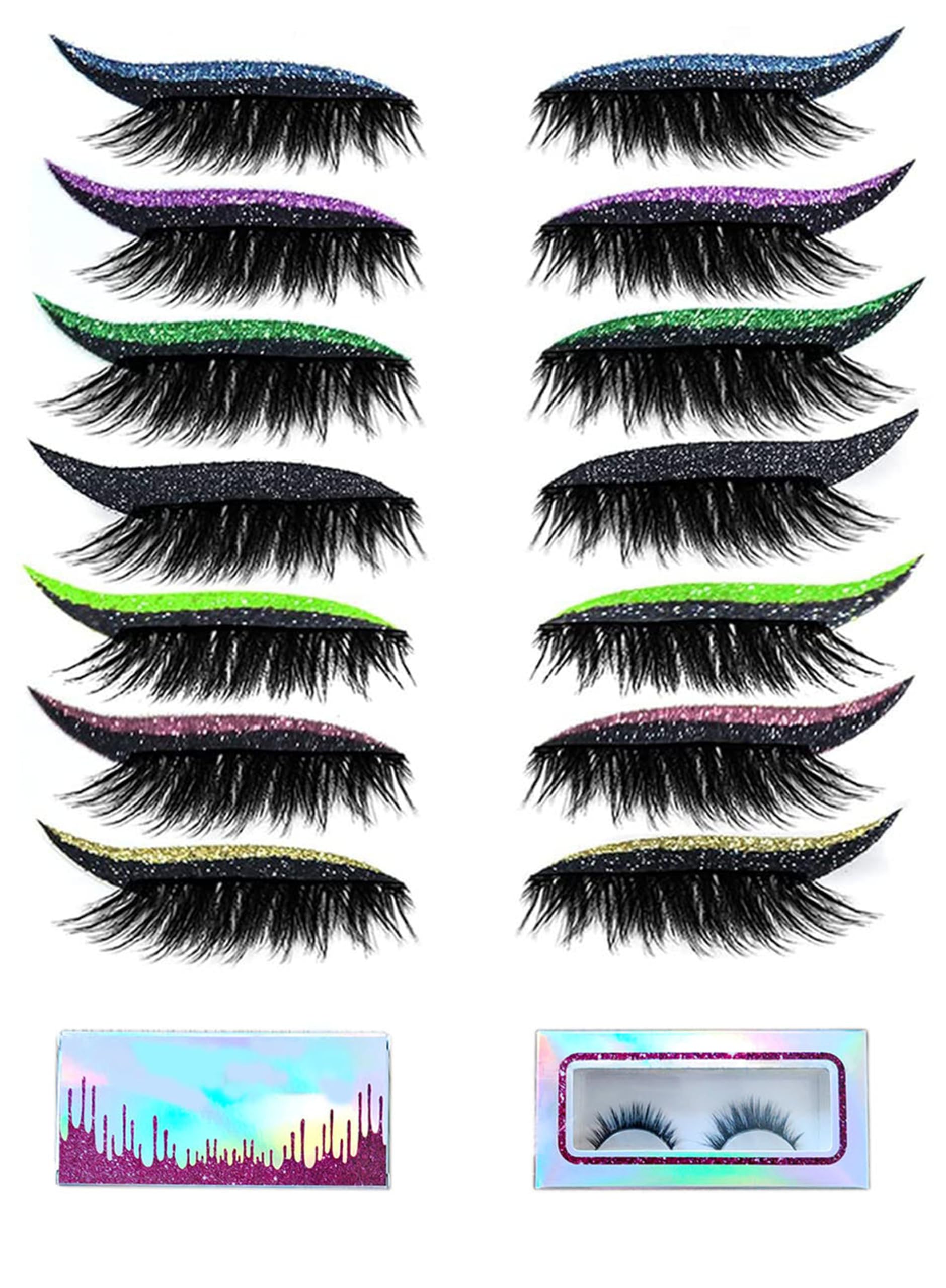False Eyelashes,7Pairs Reusable Eyeliner and Eyelash Stickers,Glitter Eyeliner Stick False Eyelash Eye Makeup Stickers,Easy to Wear and Remove,Women
