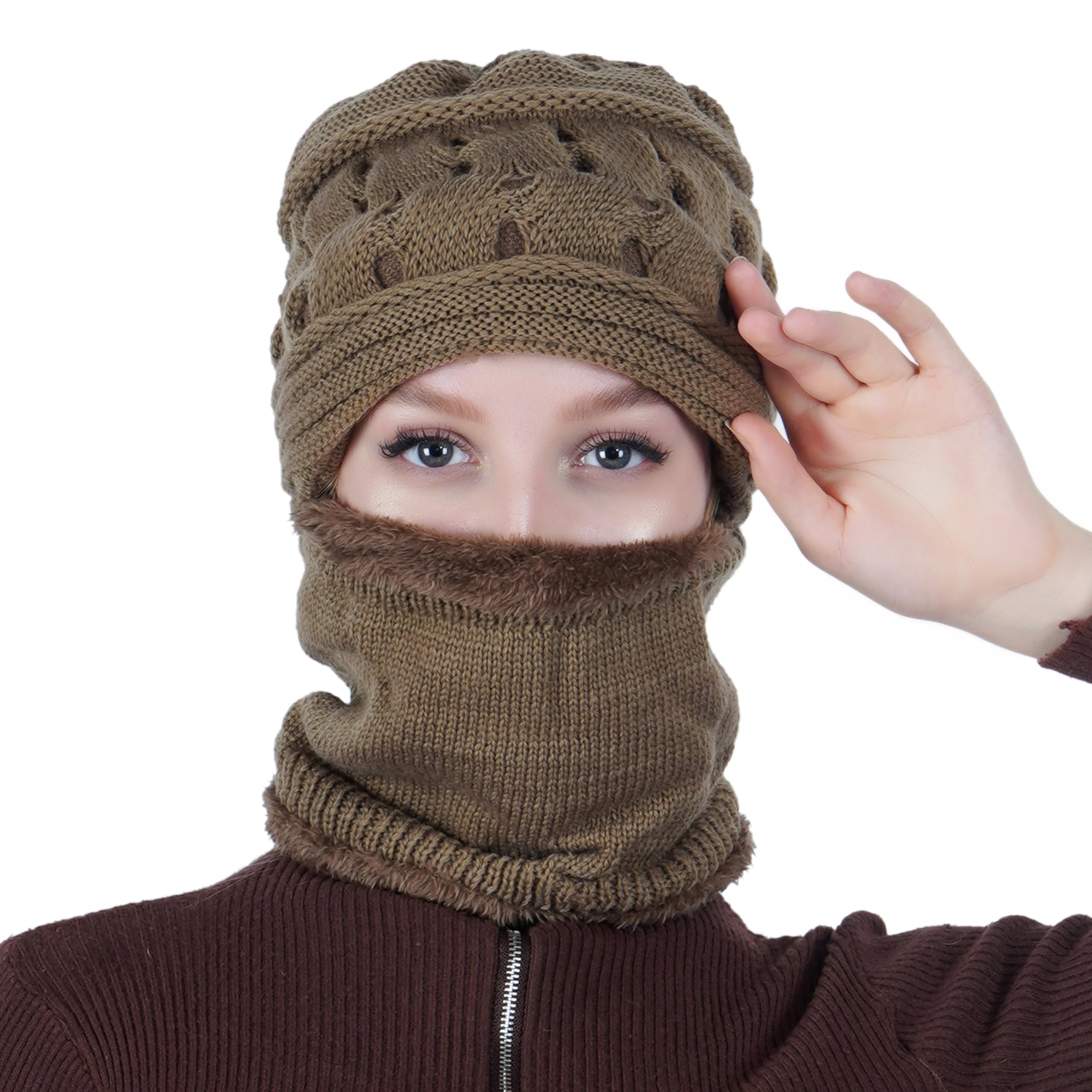Women Monkey Cap, Full Face Cover Winter Fur Neck Cover Set for Girls & Ladies - Brown-image-14
