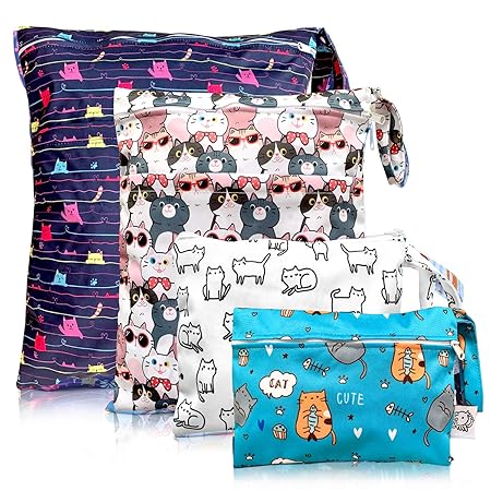 Washable and Reusable Wet Bag, Diaper Bag, Water Resistant Swimming Bag, Travel Toiletries Pouch, Yoga Gym Bag,Cute Cat 4 Pcse