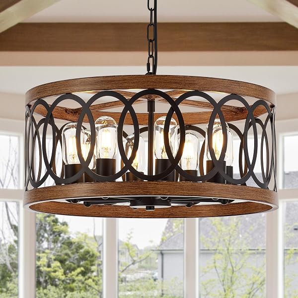 Farmhouse Drum Pendant Light Chandeliers for Dining Room, Vintage Retro Metal Hanging Light Fixtures for Entryway, Bedro