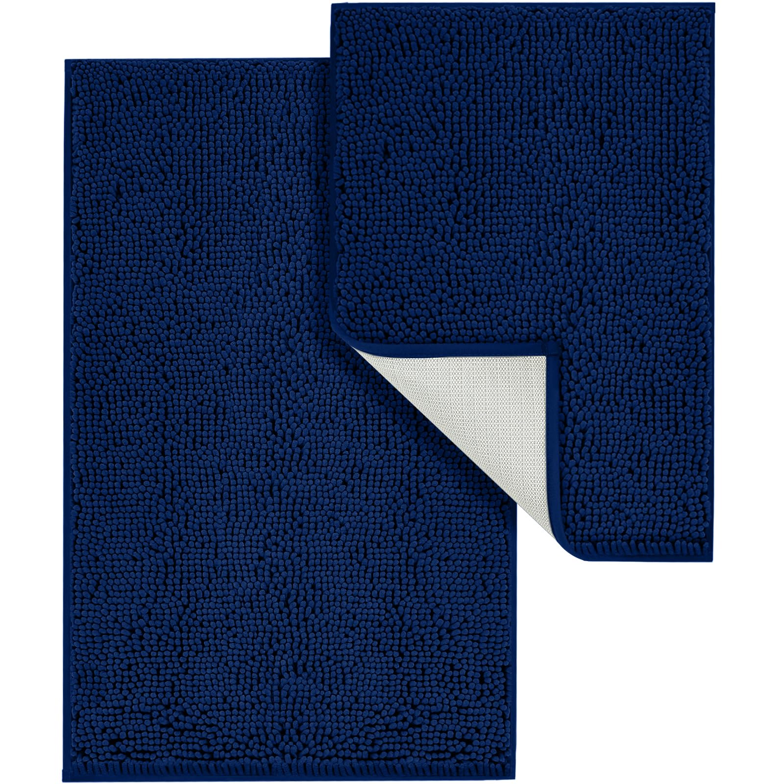 TREETONE Shaggy Set 2 piece, Plush Chenille Bathroom Mats with Non-slip Backing, Absorbent Rugs (24x16 + 32x20), Navy Blue