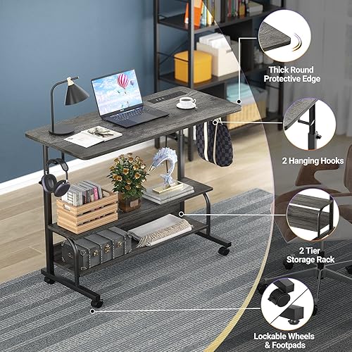 Miniatura 5 de Height Adjustable Standing Desk with Power Outlets, 32" Manual Stand Up Desk with Storage Shelves Small Mobile Rolling Computer Desk Portable Laptop