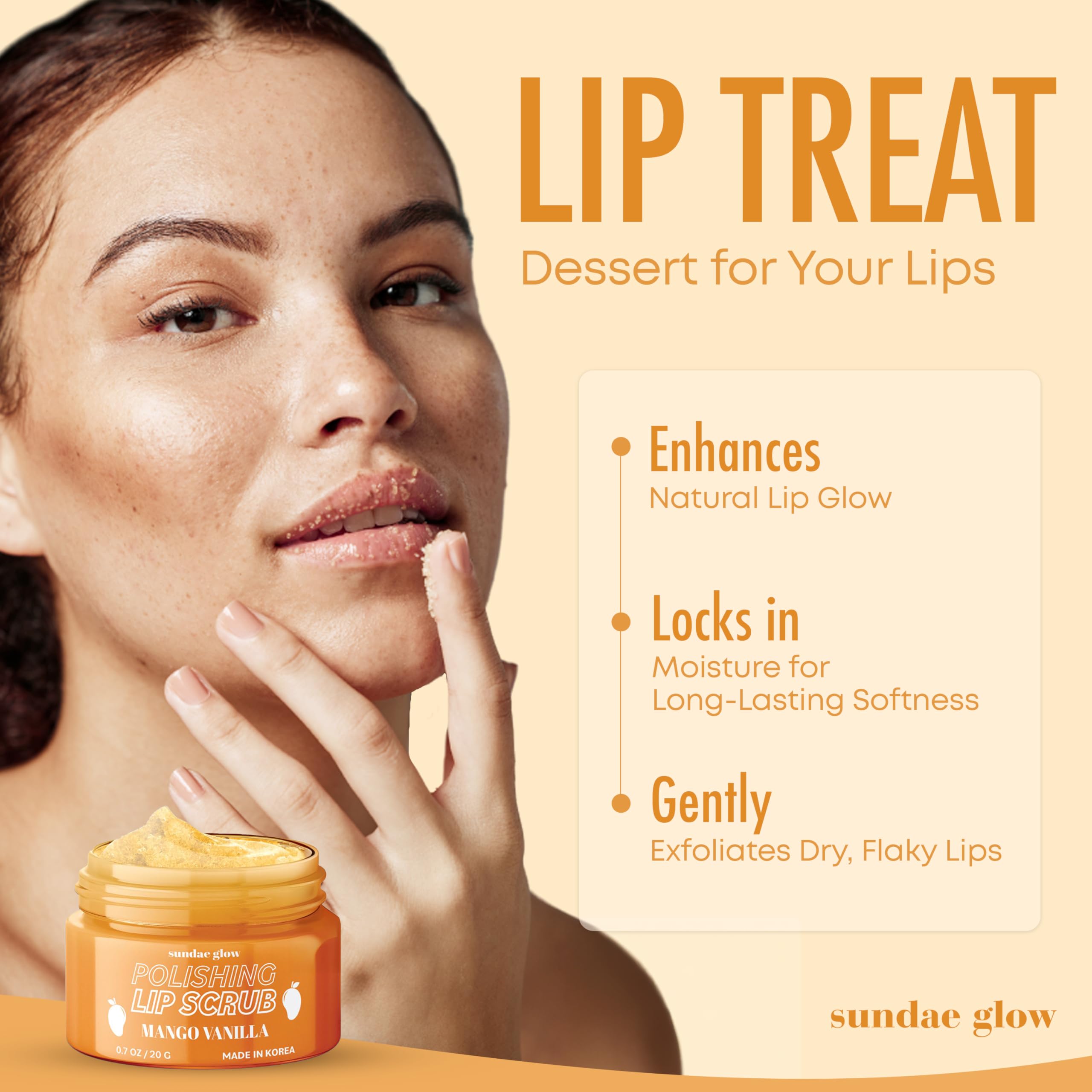 Sundae Glow Mango Vanilla Lip Scrub - Dermatologist Tested, Anti-Aging, Korean Skin Care, Deep Exfoliation & Hydration - Smooth, Soft, Plump Lips - Clean Beauty, Vegan, Non-GMO - 1 Pack