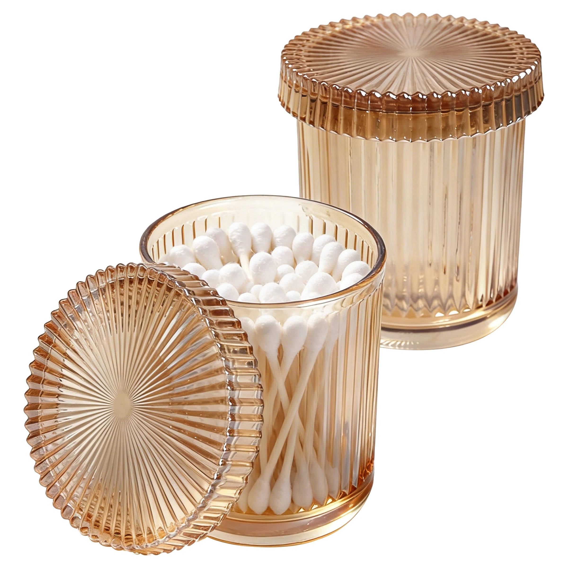 LUKDNEEY Bathroom Storage Organiser, 2 Pack Qtip Holder Glass Jar with Lid, Vanity Organiser for Cotton Swabs, Balls, Pads, Floss Picks