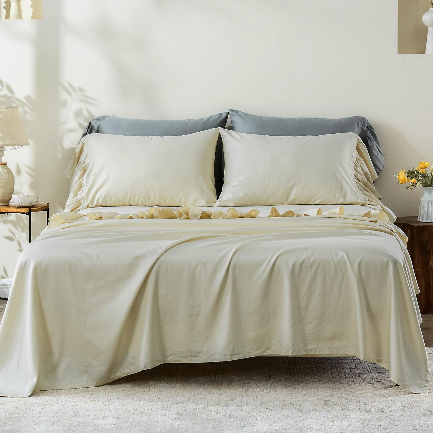 Simple&Opulence 100% Organic Cotton Sheet Set, Long Ruffle Bed Sheets (1 Flat Sheet, 1 Fitted Sheet and 2 Pillowcases) Elegant Shabby Chic Bedding Farmhouse Charming Vintage - Beige, Queen