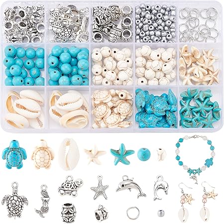 PH PandaHall 292pcs Turquoise Jewelry Making, Boho Ocean Beach Shell Bead Charms Starfish Mermaid Turtle Beads Summer Sea Dangle Pendant for Gift Bracelet Necklace Earring Anklet Craft Jewelry Making