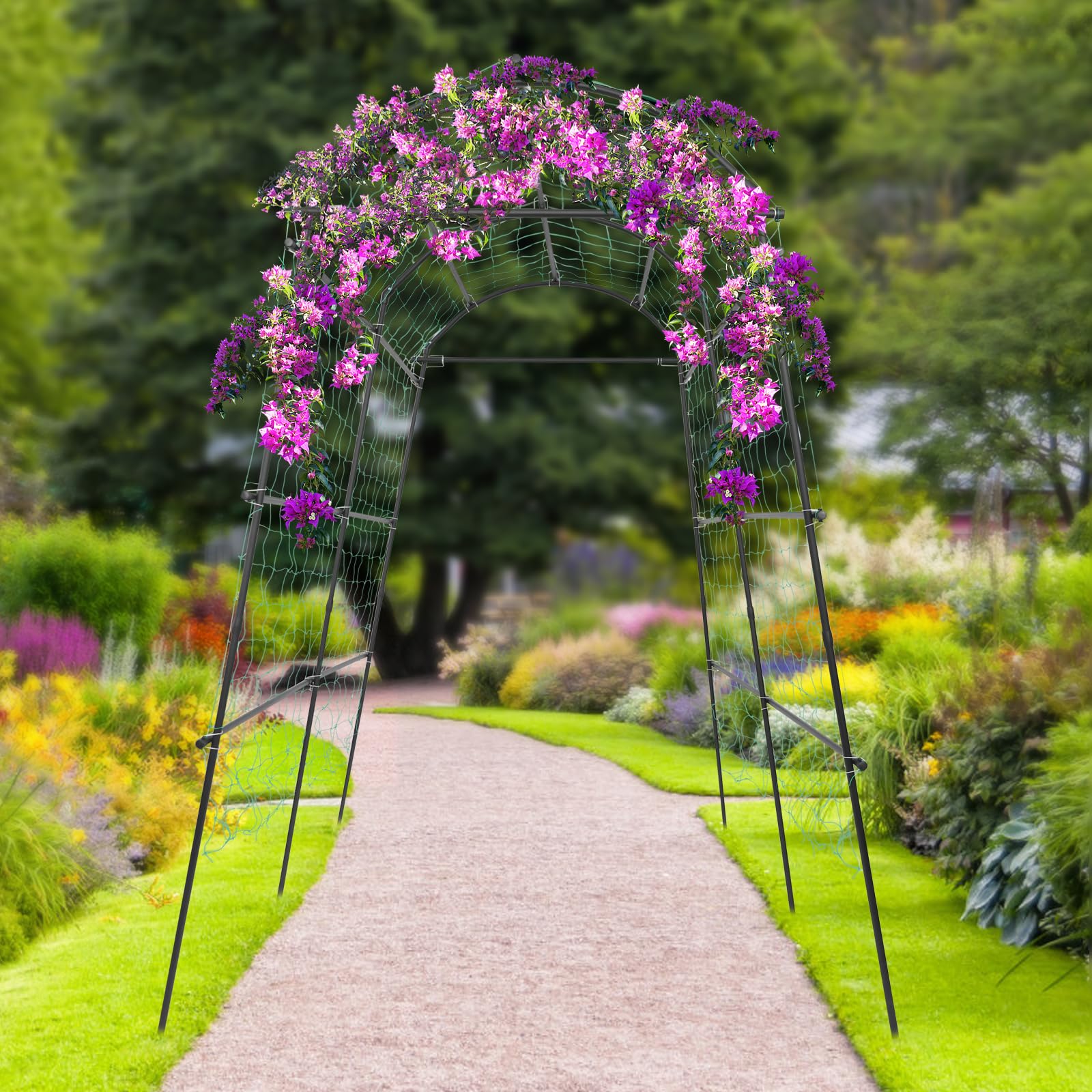 Grande arco da giardino per piante rampicanti con rete di nylon rinforzata in acciaio e PE, 183 x 115 x 230 cm, nero