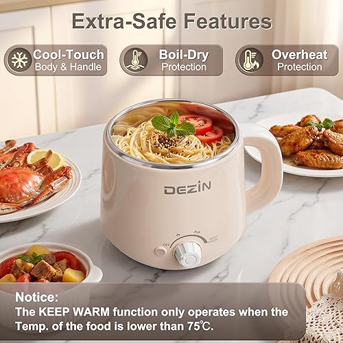 Miniatura 8 de Dezin Olla eléctrica con vaporizador, olla rápida de fideos, olla eléctrica de acero inoxidable de 1.6 litros, perfecta para ramen, huevo,