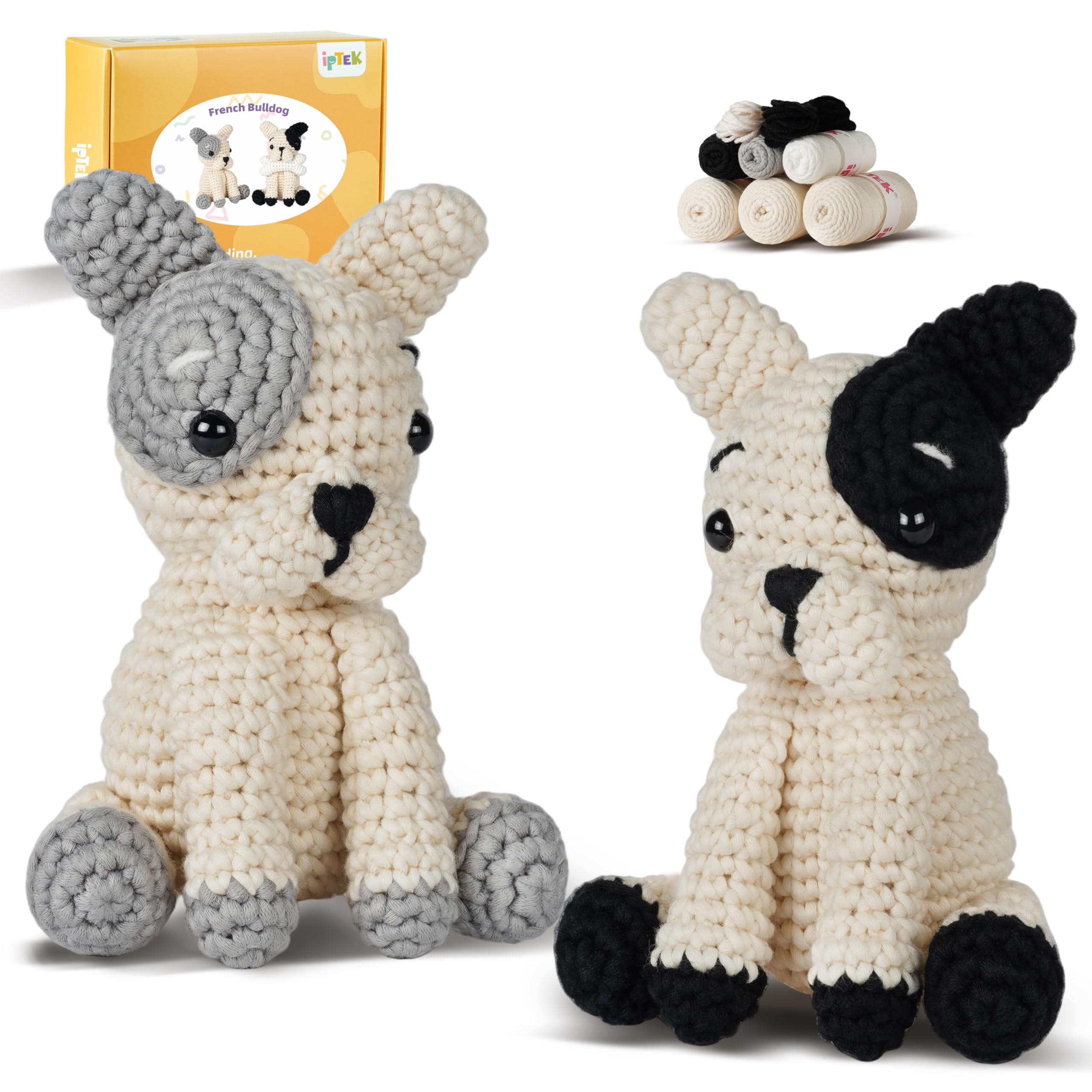 iptek Crochet Kit for Beginners, Learn to Crochet, Include Easy Knitting Soft Yarn, Step-by-Step Video Tutorial, Hook, Holiday Birthday Gift Adults (2 Pack French Bulldog)