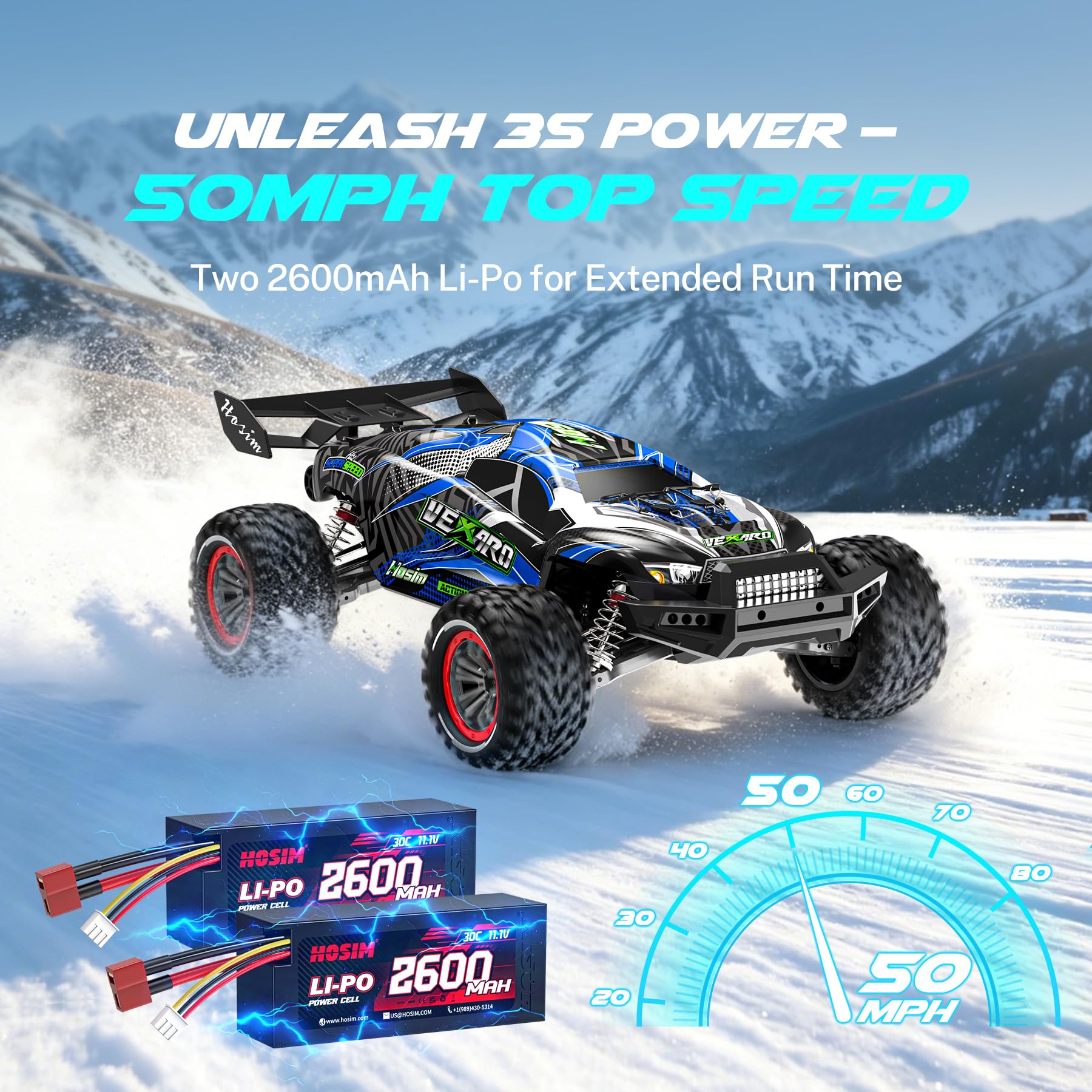 Hosim - Coche teledirigido rápido para adultos 80 km/h, mini camión teledirigido 1:8 con tres diferenciales, 4WD todoterreno impermeable RC Car con 2 baterías 3S