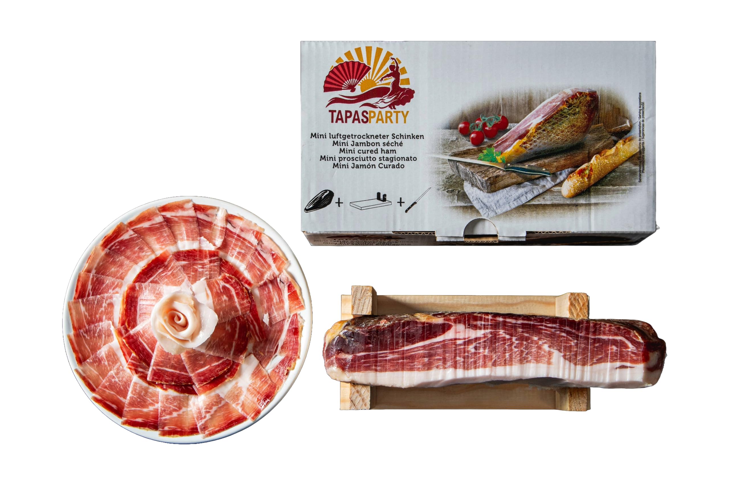 Spanisches Tapas Party Deluxe Set Mini Serrano Schinken 1kg Ständer Messer Chorizo Lomo Fuet Gourmet Geschenkkorb Feinkost