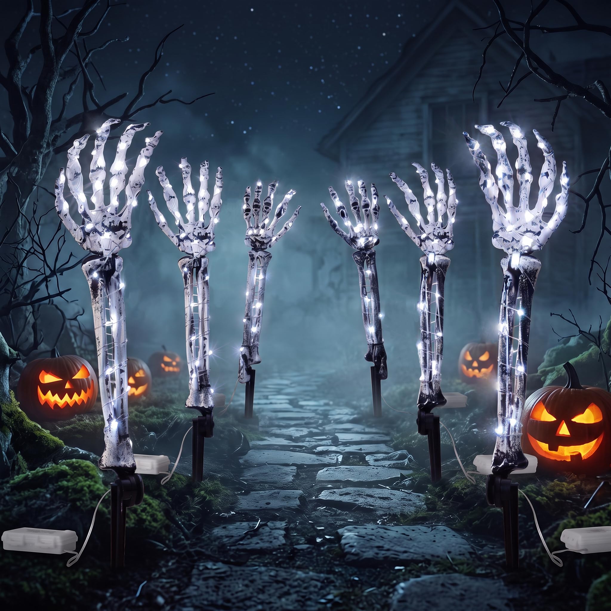 Halloween Skeleton Arm Stakes 6‑Pack, 240 White LED Battery‑Powered Lights | Light Up Hal…