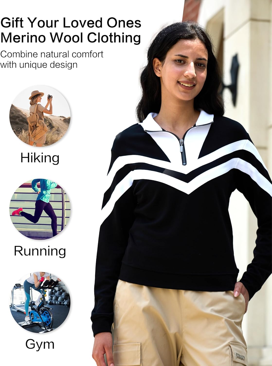Merino Wool Quarter Zip Pullover for Women for Sport Workout, Thermal Collared Soft Cozy Sweatshirts for Women