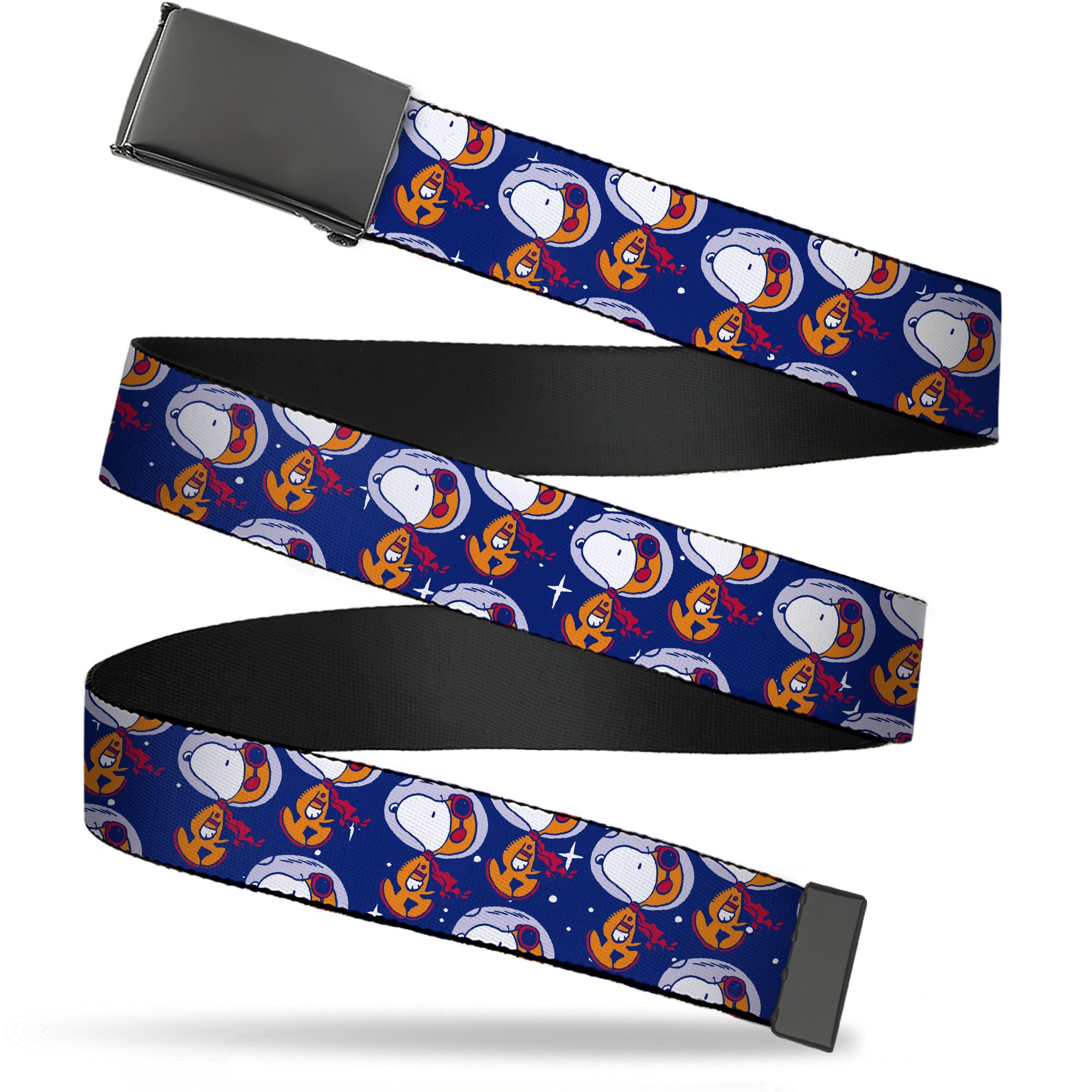 Buckle-Down Peanuts Flip Web Belt Peanuts Astronaut Snoopy Walking Scattered Blue Orange