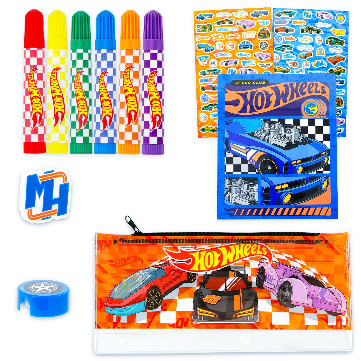 Hot Wheels Juego de papelería para niños, paquete con bloc de bocetos de coche de carreras, calcomanías, utensilios para colorear, soporte para lápices, más | Juego de arte Hot Wheels para niños