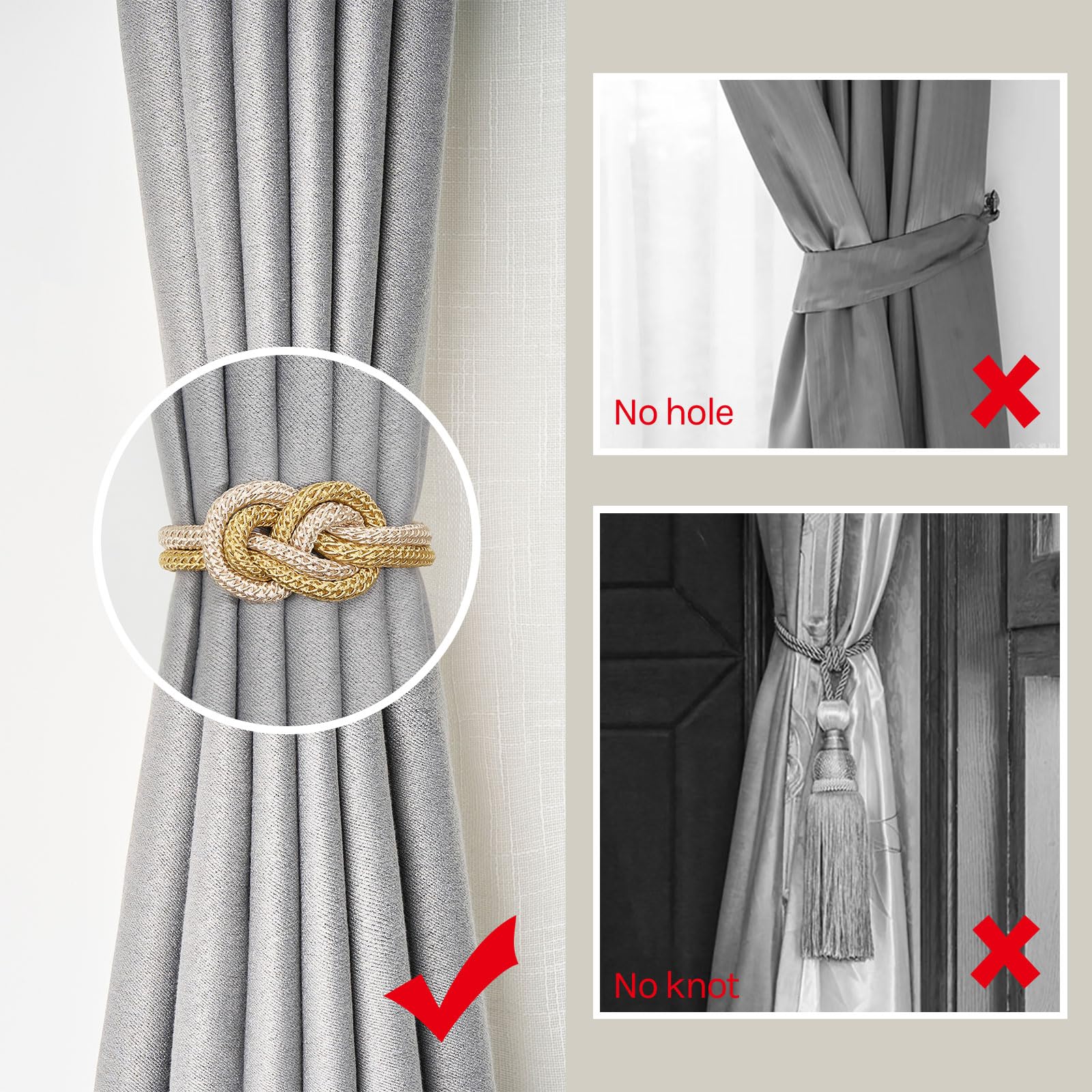 Pretty Jolly 4 Pack Mini Magnetic Curtain Tiebacks Nordic Simple Style Drape Tie Backs Elegant Hand Weave Rope Knot Decorative Curtain Holdbacks for Home & Office Window Drapery (Gold & Beige) - Image 2