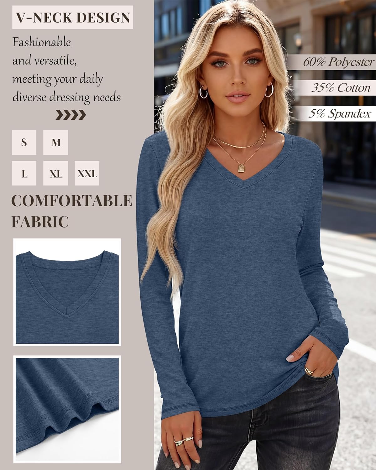 Neer 5 Pack Women's Long Sleeve Shirts, V Neck Tops Loose Fit Basic Tees Solid Trendy Fall Casual Blouses - Image 4