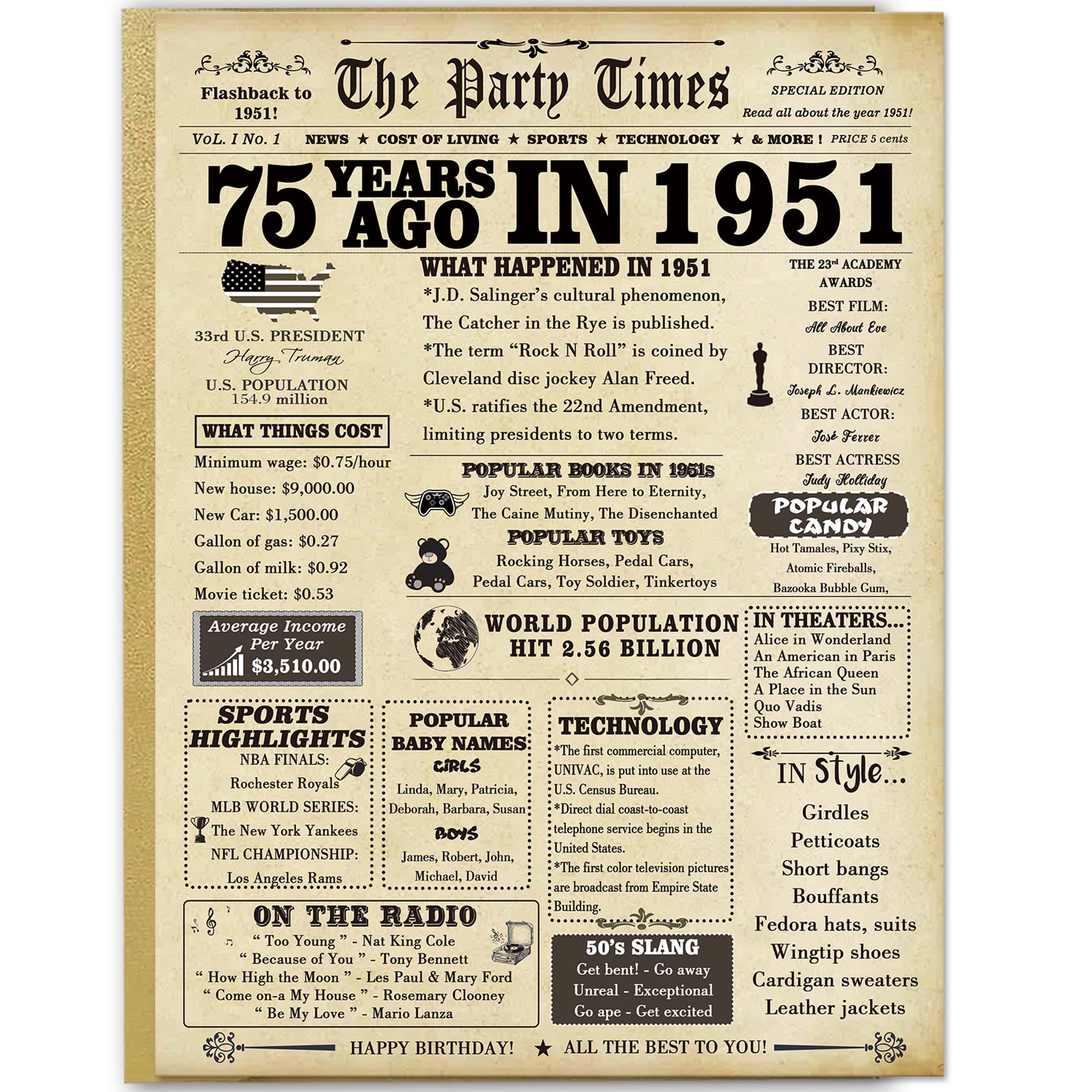 Jumbo 75th Birthday Card for Women Men,Vintage Birthday Decoration Gifts for 75 Years Old Mom Dad,Birthday Gifts Card for Grandma Grandpa