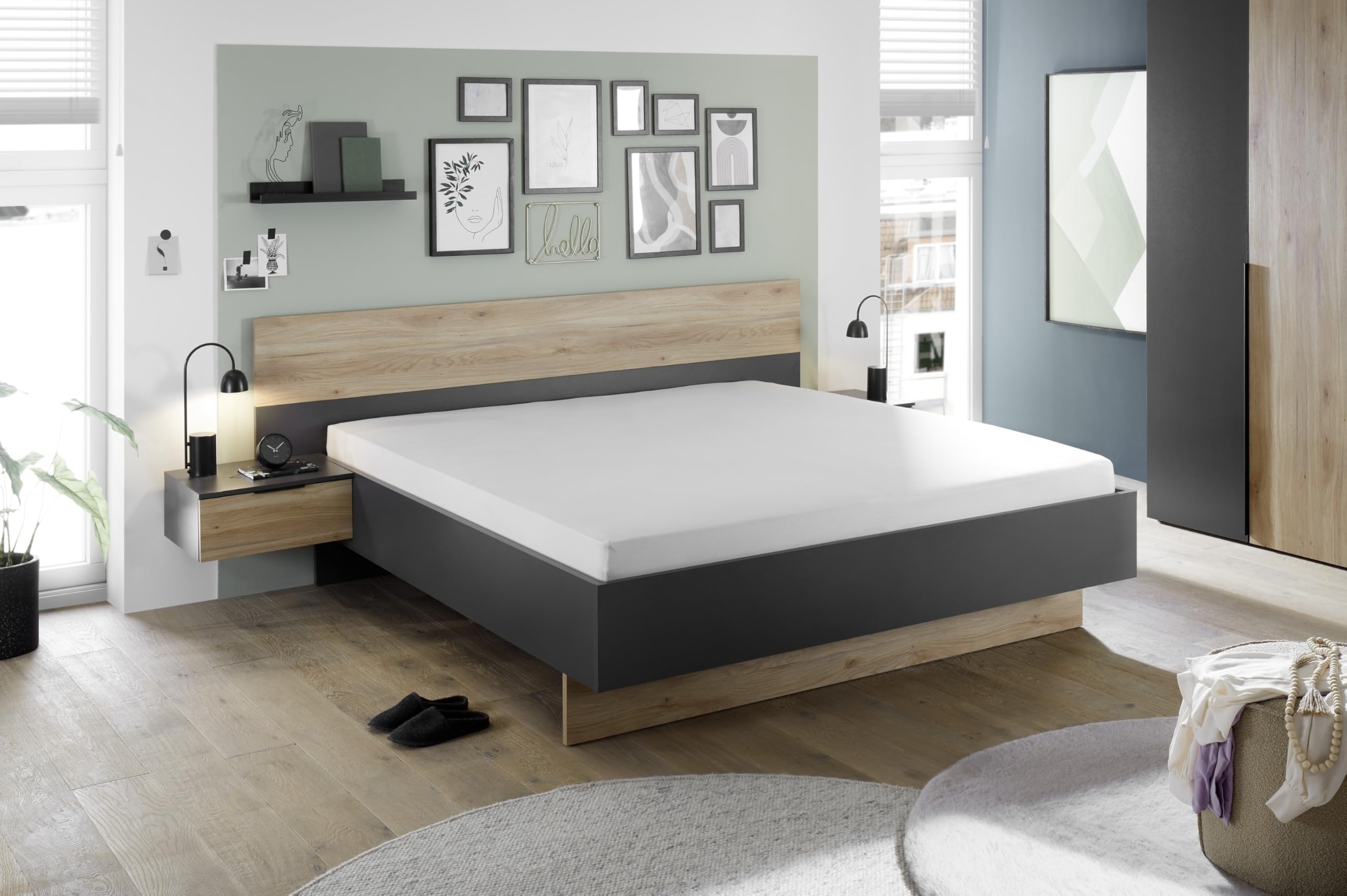 möbelando Bettanlage >Aska< Modernes Bett mit 2 Nachtkommoden, Stauraum, 180x200 cm Liegefläche, Graphit und Mauvella Eiche Dekor, Pflegeleichte Oberfläche, zerlegt geliefert, 285x95x205 (BxHxT)