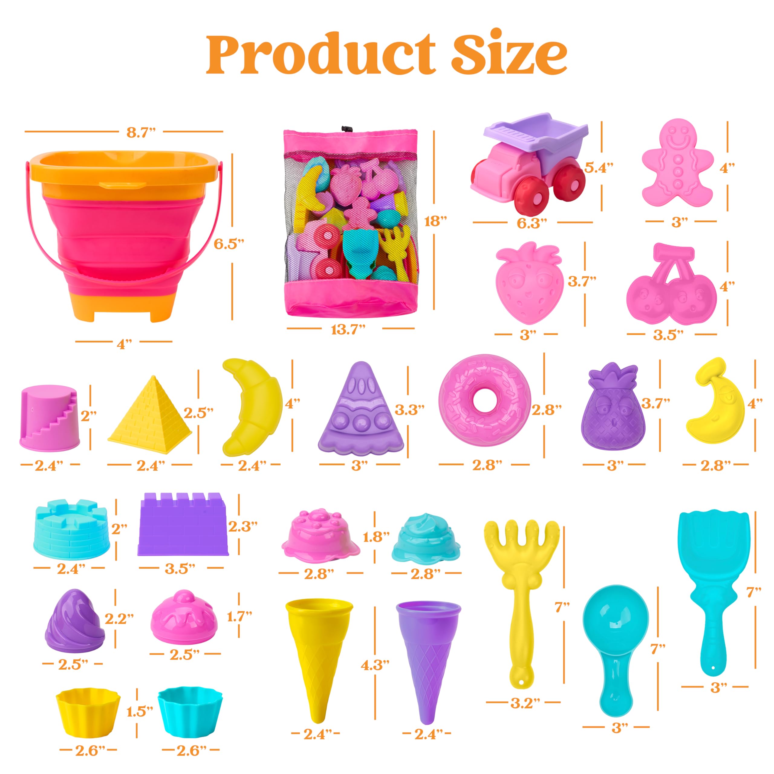 Sloosh Ensemble de jouets de sable de plage – Moules à sable de voyage avec voiture, camion, seaux pliables et pliables – Pelles à sable – Ensemble de moules à crème glacée en château avec sac en