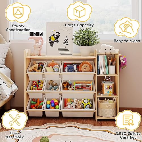 Miniatura 7 de Organizador de almacenamiento de juguetes para niños, estante de madera con 3 niveles y 9 contenedores de almacenamiento, organizador de habitación