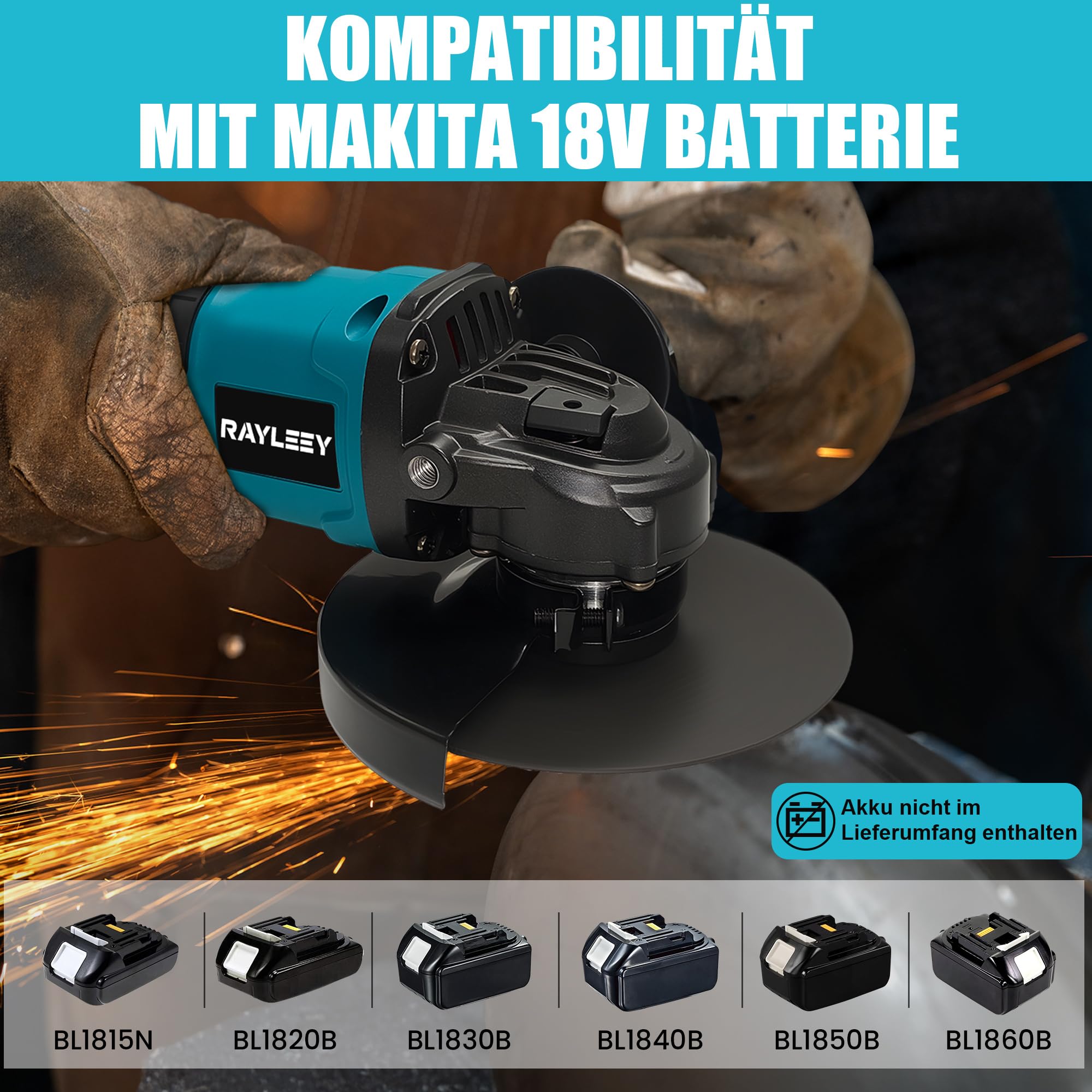 Akku Winkelschleifer für Makita 18V, 125 mm Akku Flex 8500U/min, 3 Geschwindigkeiten, Akku-Schleifer mit Rutschfester Griff zum Schleifen, Schneiden und Polieren (Ohne Akku)