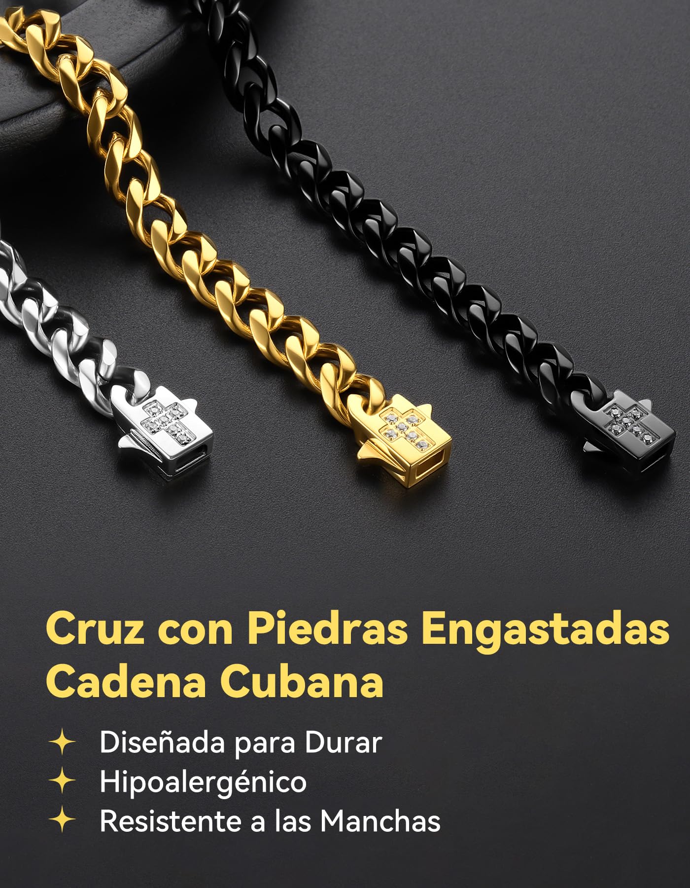 ChainsHouse Collar Colgante Cruz Hombre Cadenas Cubanas Acero Inoxidable Cierre Clip con Crucifijo Impermeable, 46cm -61cm Largo 6mm Ancho, Joyero Incluido