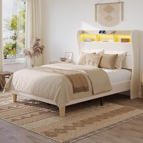 Bestier Queen Size Upholstered Wingback Bed Frame with 51” High