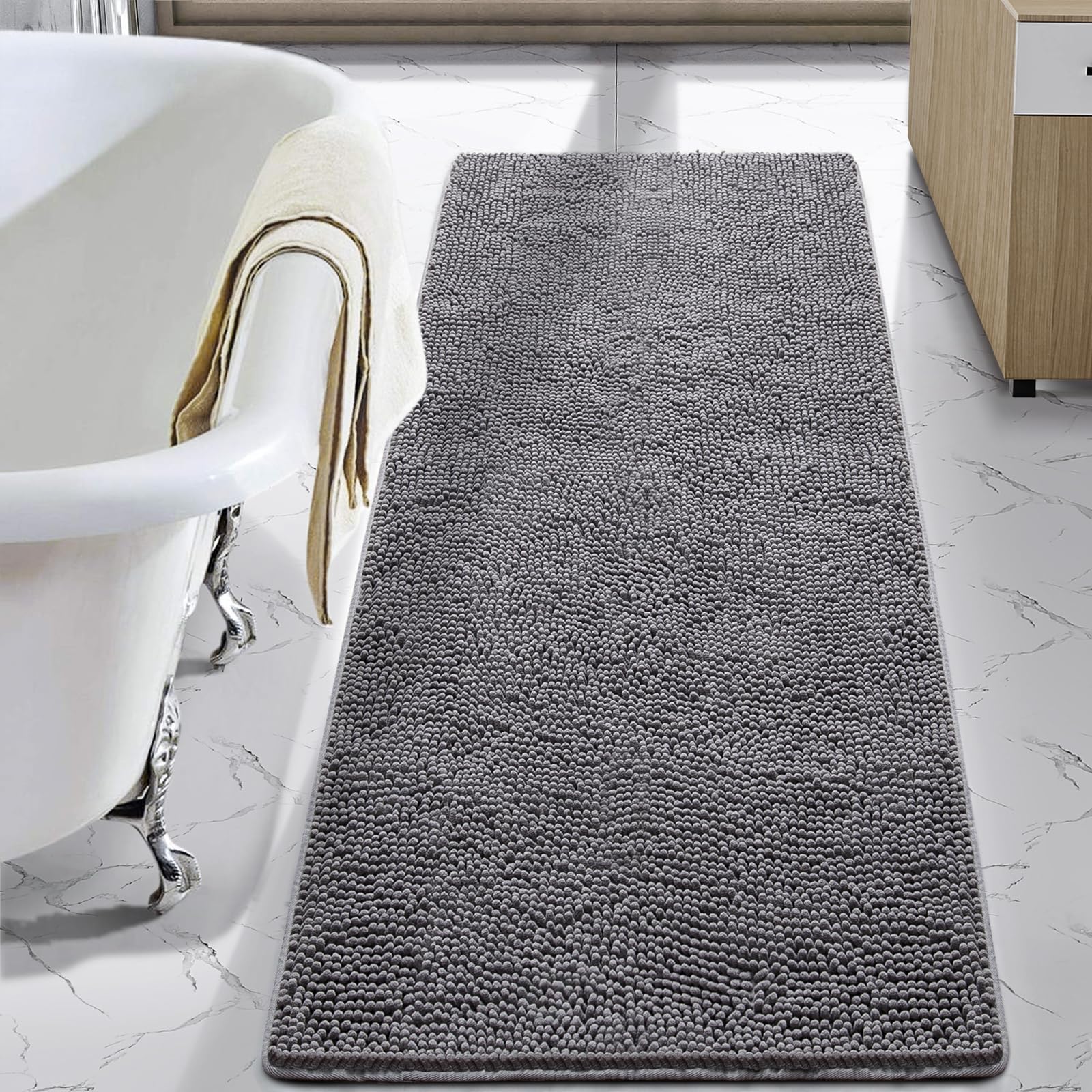 LOCHAS Luxury Bathroom Rug Shaggy Bath Mat 24 x 60 Inch, Washable Non Slip Bath Rugs for Bathroom Shower, Soft Plush Chenille Absorbent Carpets Mats, Gray
