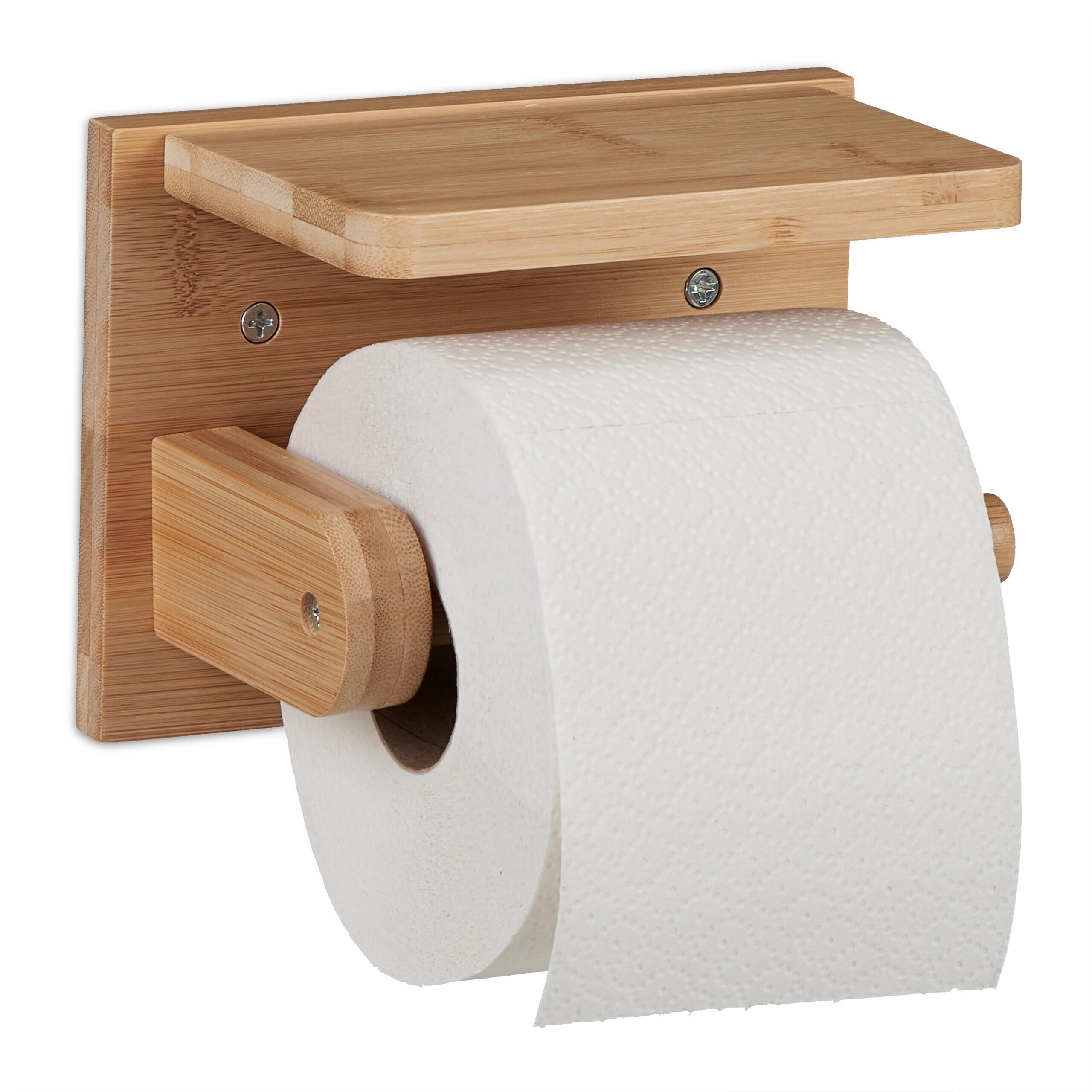 Relaxdays Natural Toilet Paper Holder With Tray, For Mobile Phone & Wet Wipes, Bamboo, Wc Small Shelf, Hwd: 12X16x10 Cm,