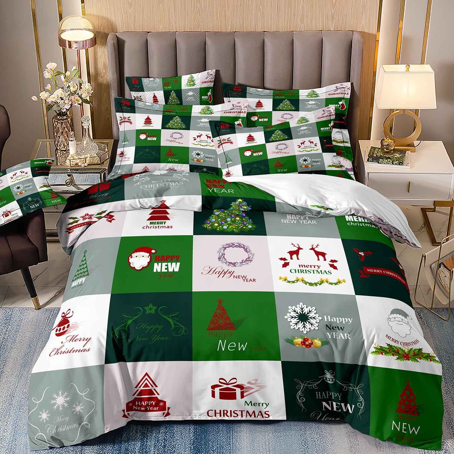 Housse de couette Noël 260x240 imprimé sapin renne vert gris taie oreiller