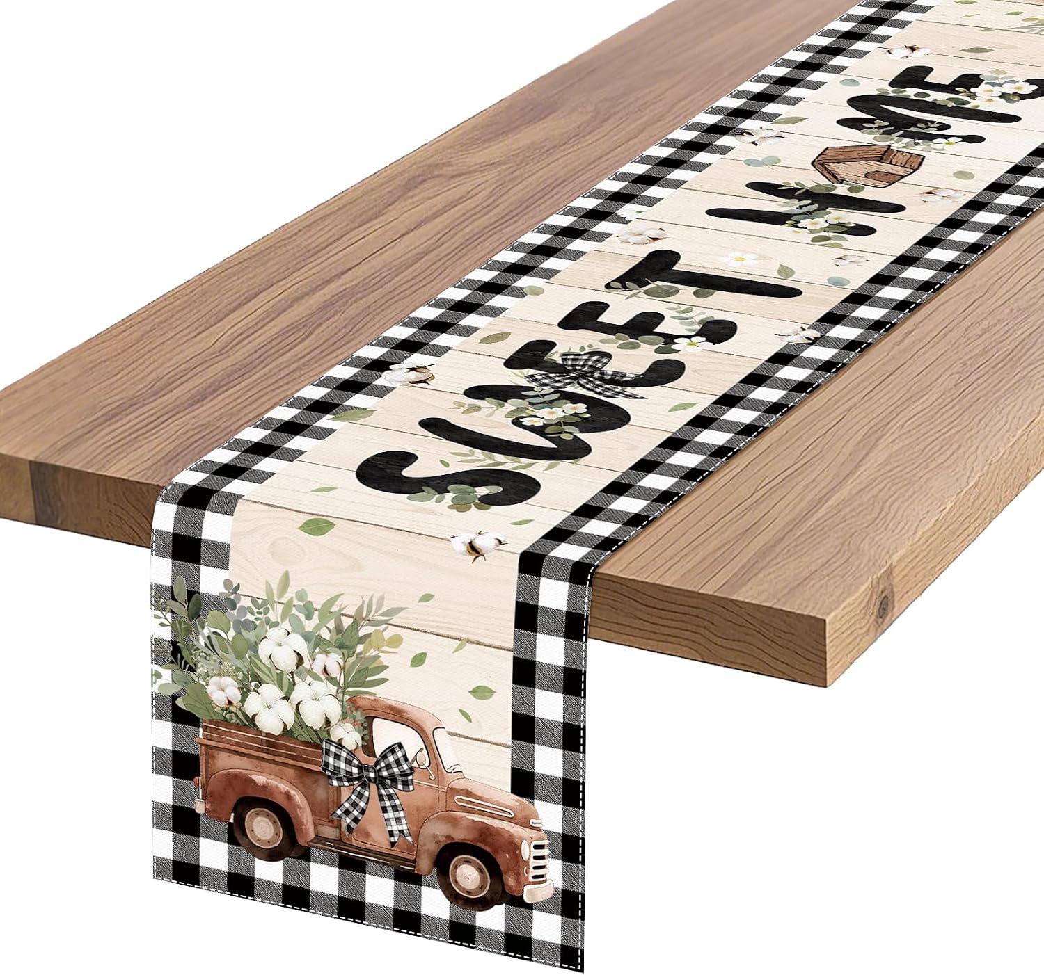 Farmhouse Table Runner, 72 x 13 inches, Black and White | Buffalo Plaid Table Runner with Vintage Truck & Cotton Flower Design, Rustic Country Decor for Dining Room, Kitchen Table