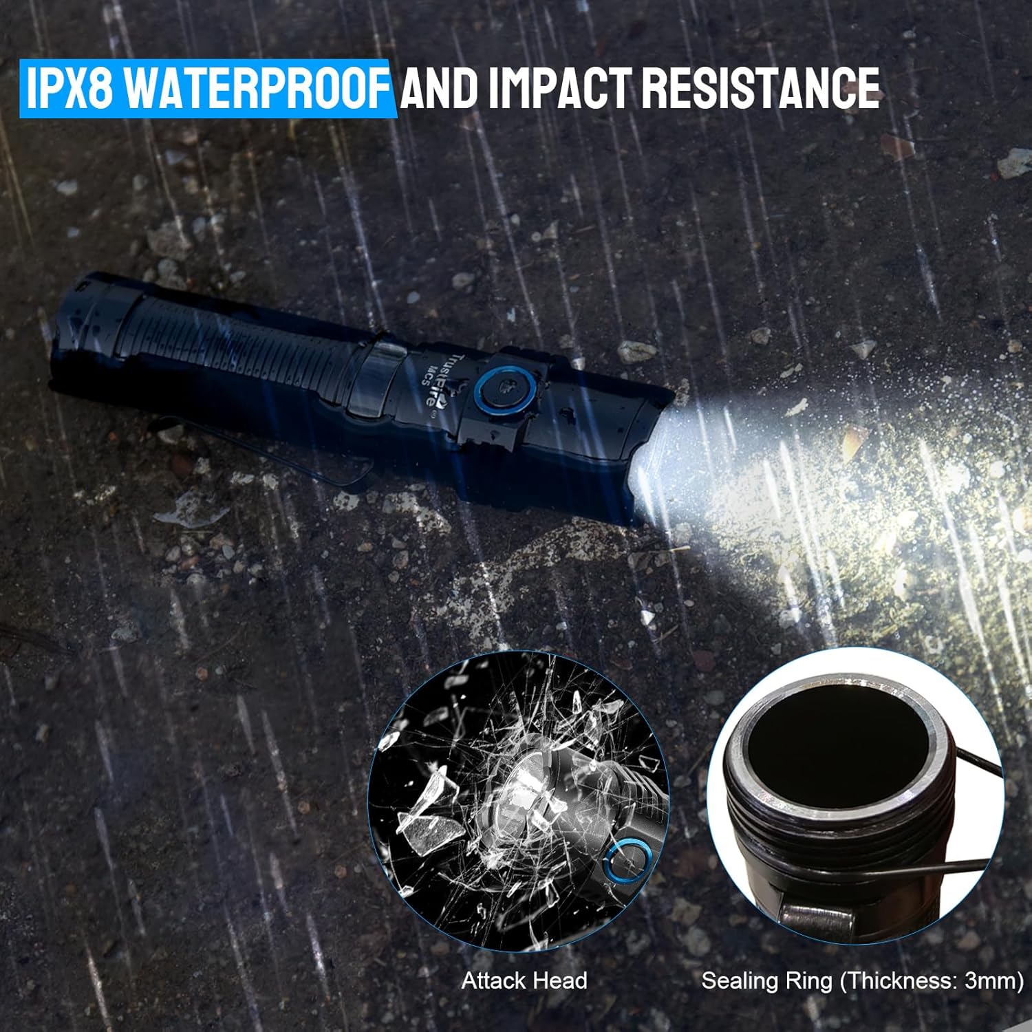 TrustFire MC5 flashlight submerged in water, illustrating IPX8 waterproof rating
