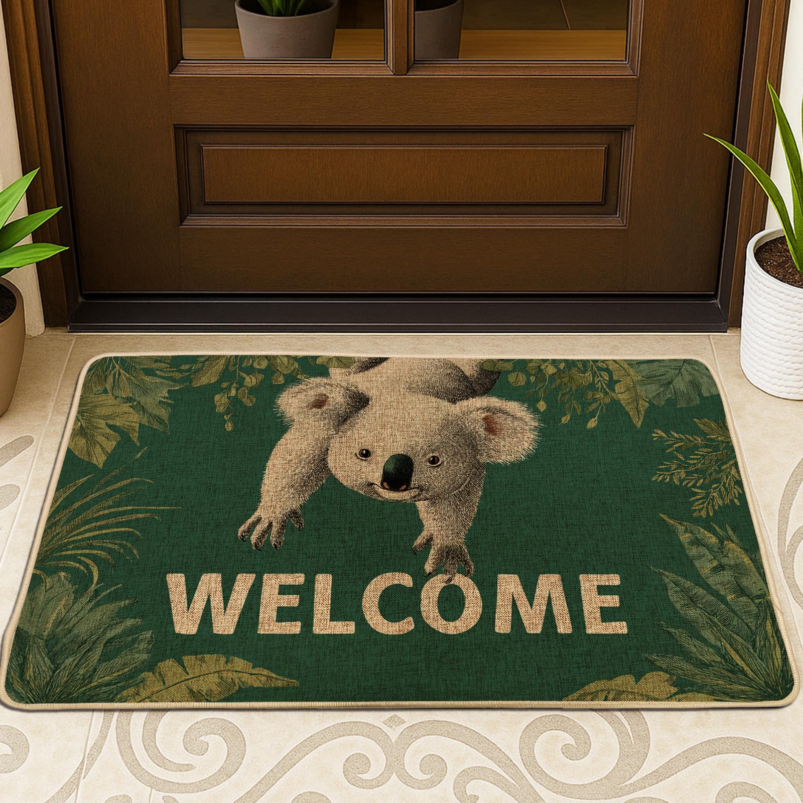Koala Welcome Doormat, Green Cute Koala Door Mat for Outdoor & Indoor Entryway Nature Decor, Waterproof Non-Slip Dust Trap Front Mats, Easy Clean 29x17 Inch