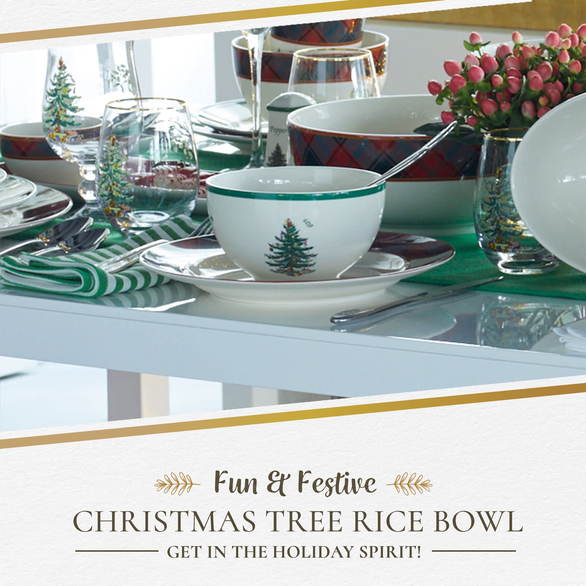 Spode Christmas Tree Collection Rice Bowl, set of 4, 6-Inches, Round, Ceramic Bowl for Soup, Frozen Meals, Stews, and Sticky Rice Dinners, Dishwasher and Microwave Safe (Classic)