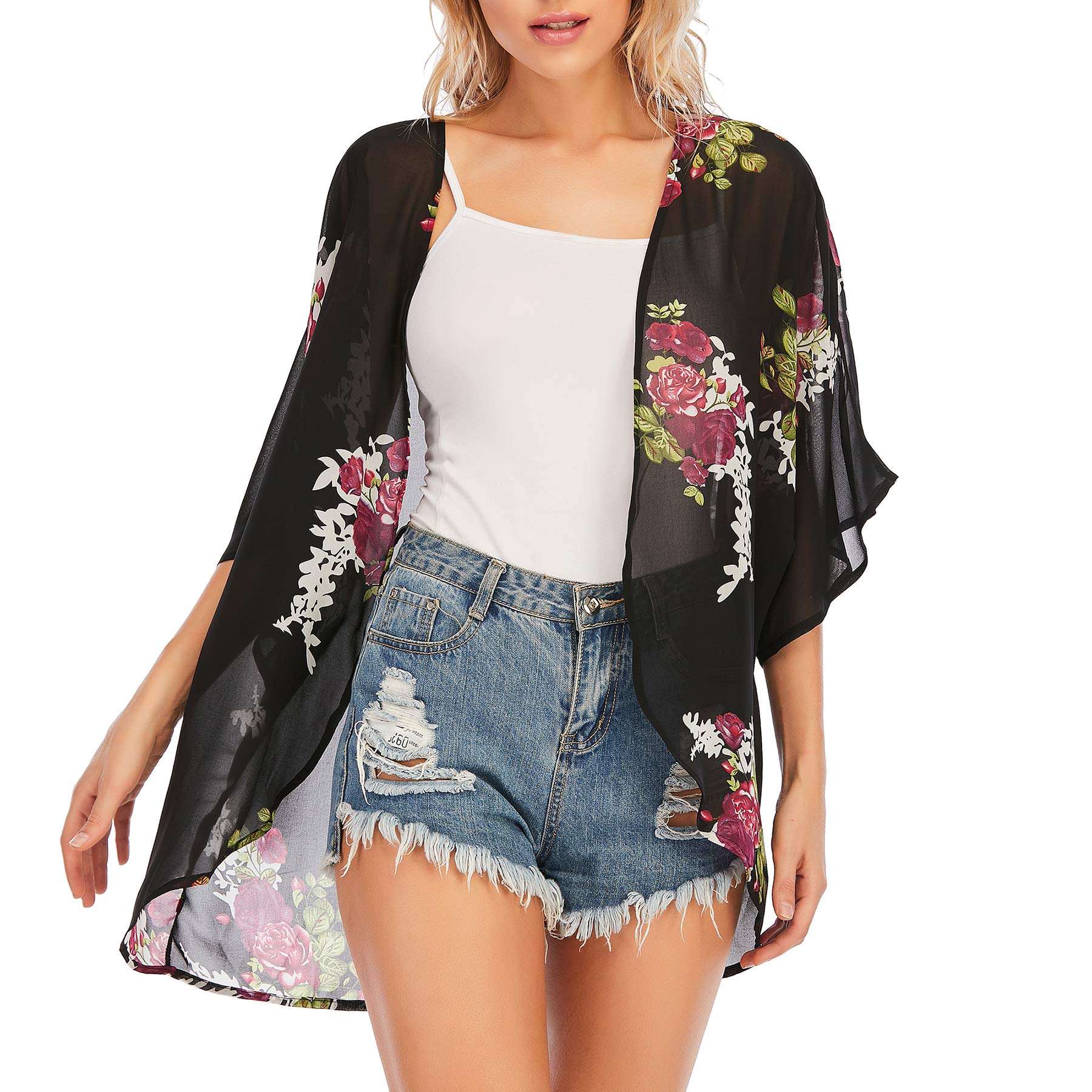 Zando Womens Floral Kimono Cover Ups Short Sleeve Kimono Cardigans