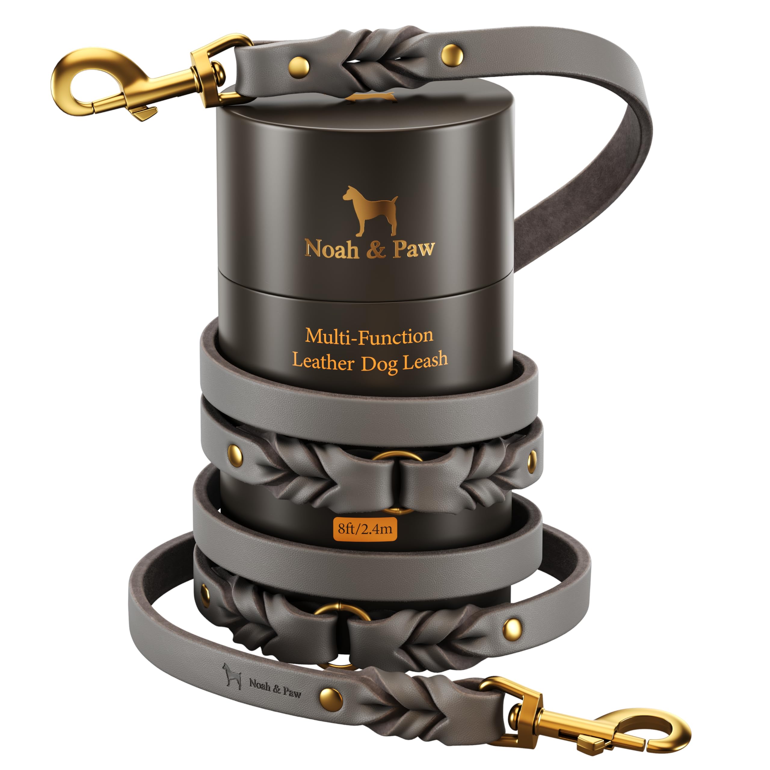 NOAH & PAW Leather Dog Leash, Premium Oil-Waxed Leather Braided, 8 ft Long Dog Leash with 6 Ways to Use Hands-free, Quick-tie, Double Pet Lead Etc. Matching Collar Available. (Grey)