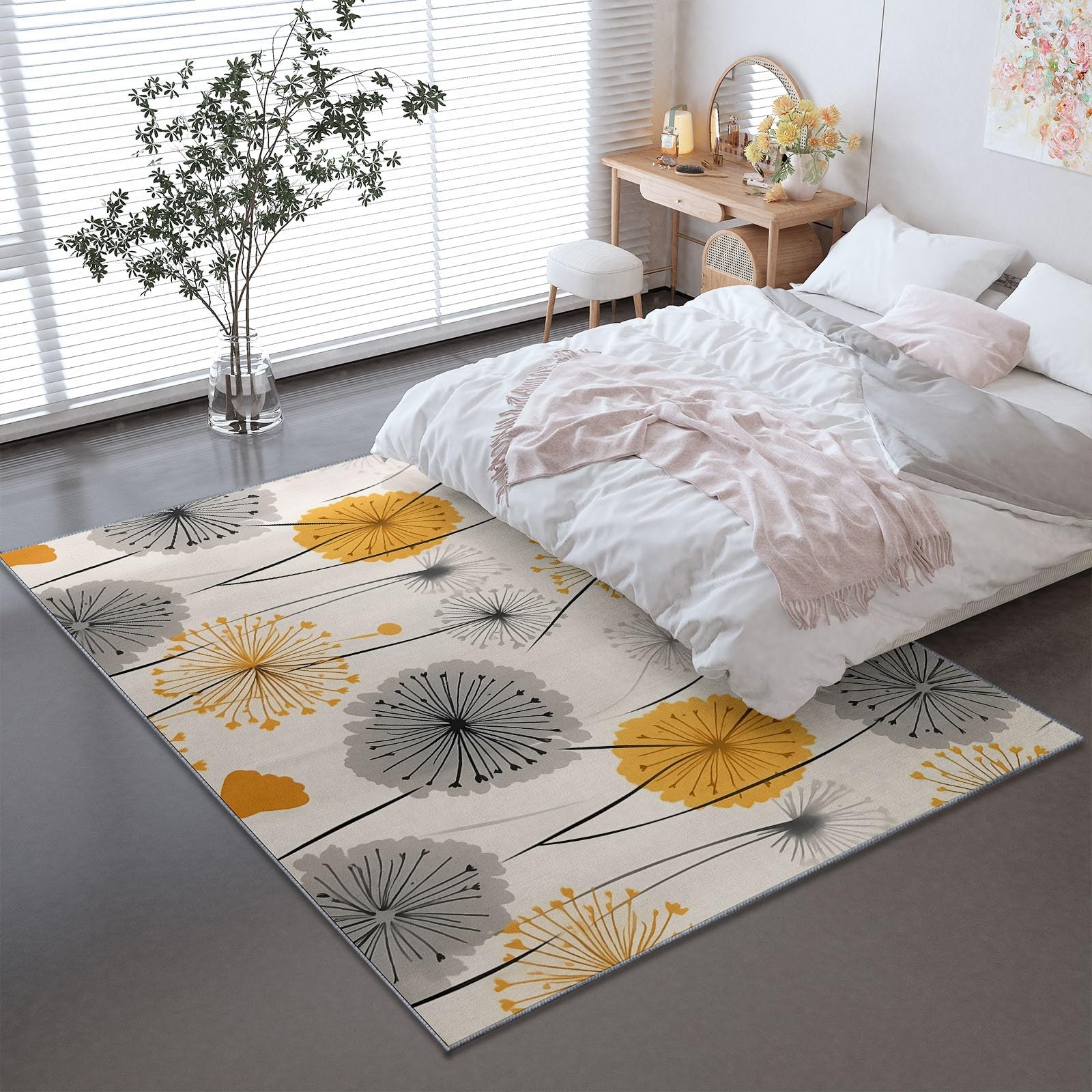 Tappeto Fiori Dente di leone Semplicità Antiscivolo Lavabile Pelo Corto Pelo Corto, Morbido, per Salotto, Camera da Letto Giallo senape grigio Design Moderno e Elegante 120x180