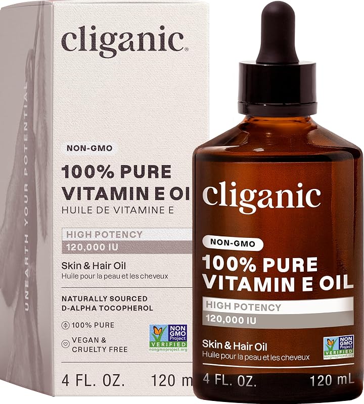 Cliganic Óleo de Vitamina E para rosto, pele, cabelos e unhas, D-alfa-tocoferol 120.000 IU, 120 mL