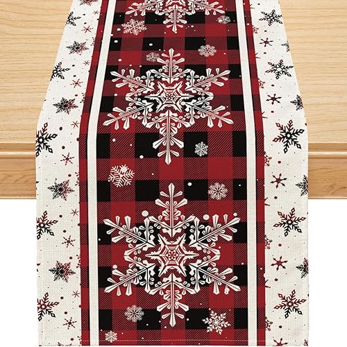 Siilues Camino de mesa de Navidad, decoración navideña a cuadros, copo de nieve, camino de Navidad para mesa, decoración de vacaciones de invierno