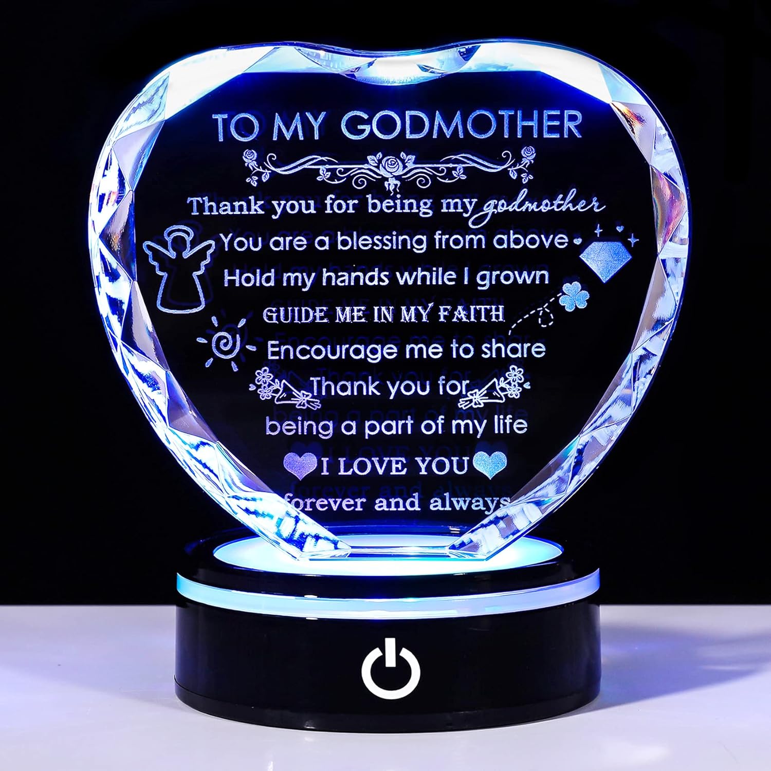 YWHL Godmother Gifts from Godchild with Colorful LED Base Best Heart Crystal