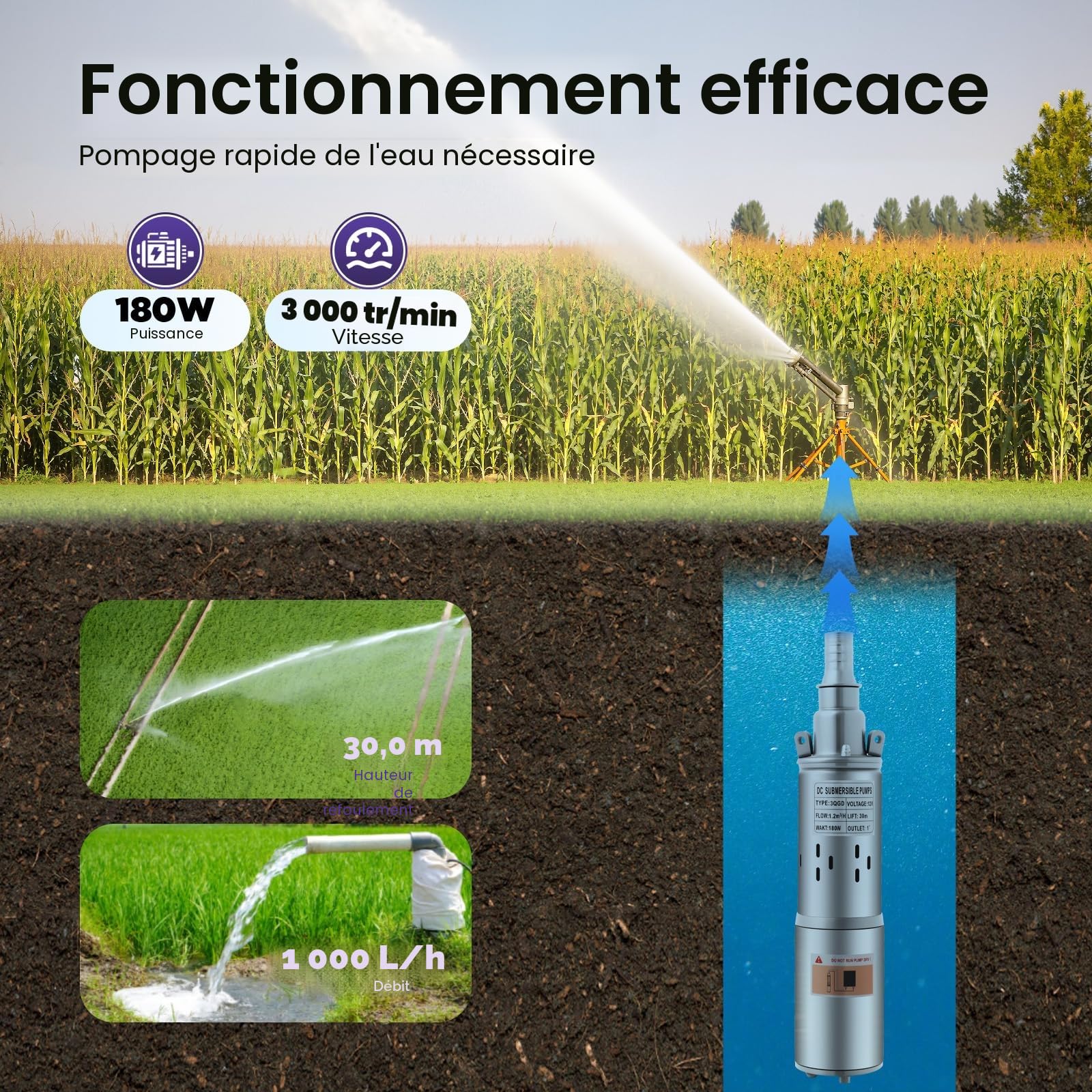 Pompe Immergée, 12V Pompe A Eau, 180W Pompe Immergée Pour Puits, Débit 1,2m³/h, Outil de Pompage pour Jardin et Irrigation (Argent)