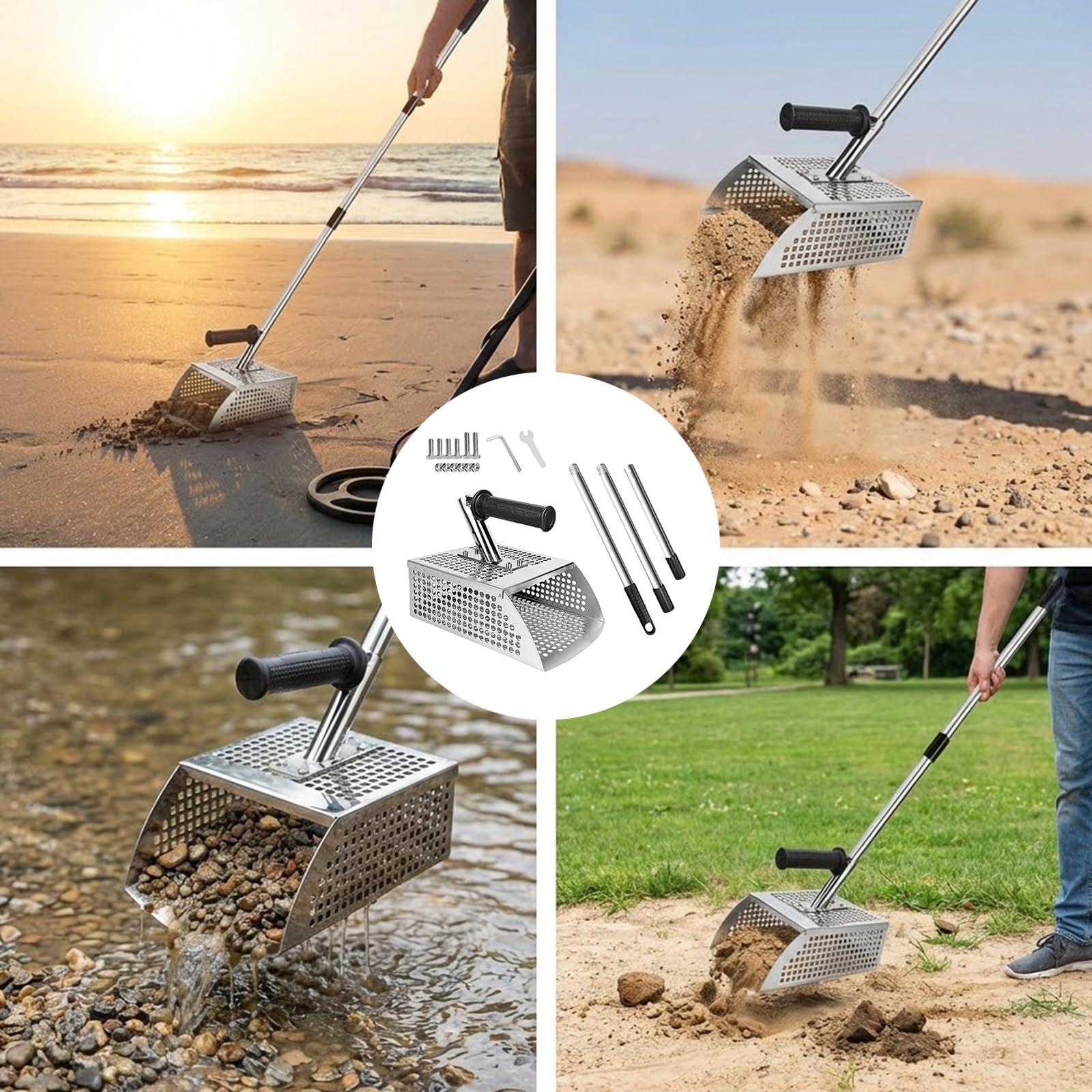 Pala da sabbia professionale con rilevamento di metalli Costruzione ergonomica con aperture esagonali per setacciare efficacemente Pala di sabbia ergonomica