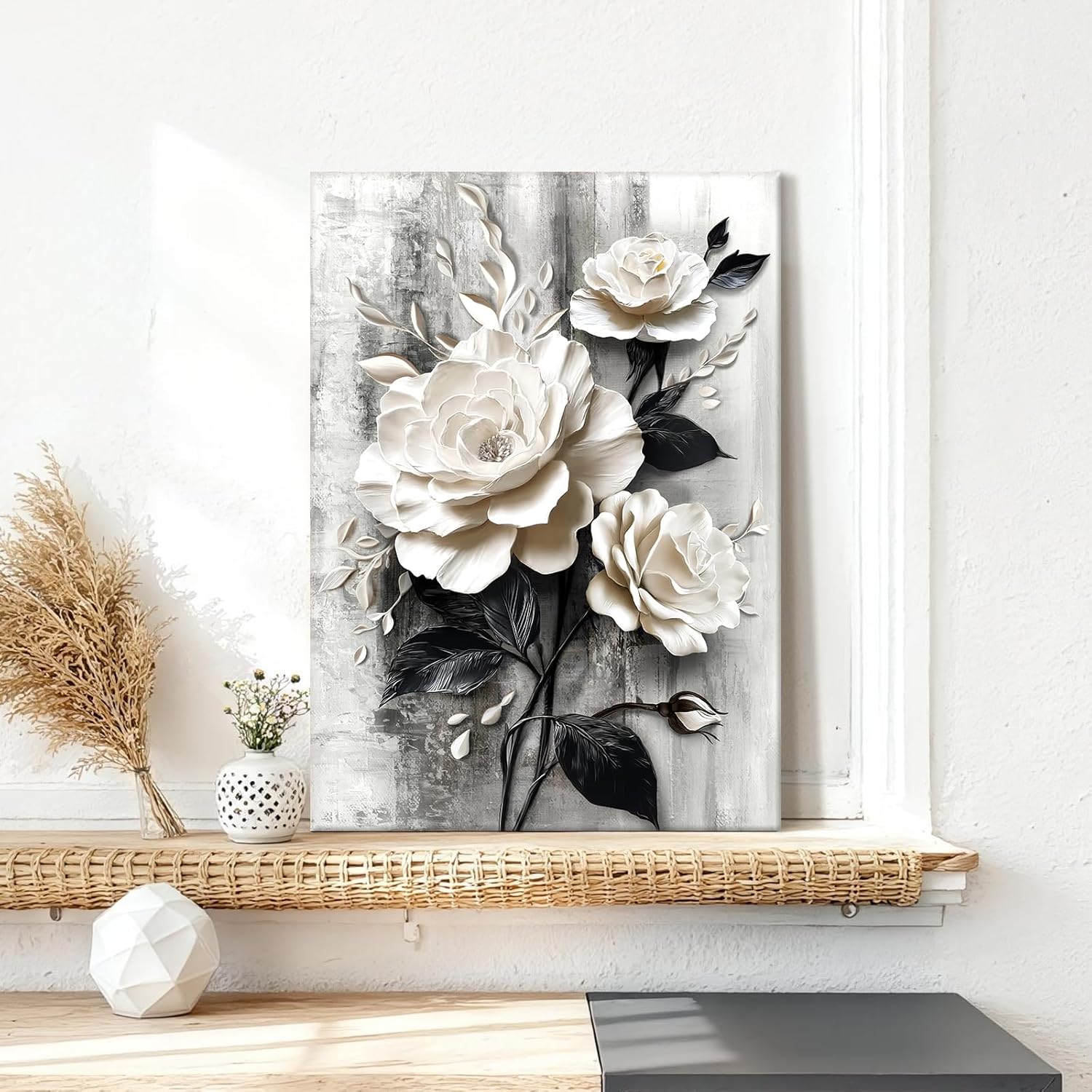 WENGTIAO Vintage Rose Canvas Wall Art Modern Black and White Floral Picture Poster Abstract Blooming Flowers Print Painting Elegant Artwork for Living Room Bedroom Bathroom Office 16x24 inch