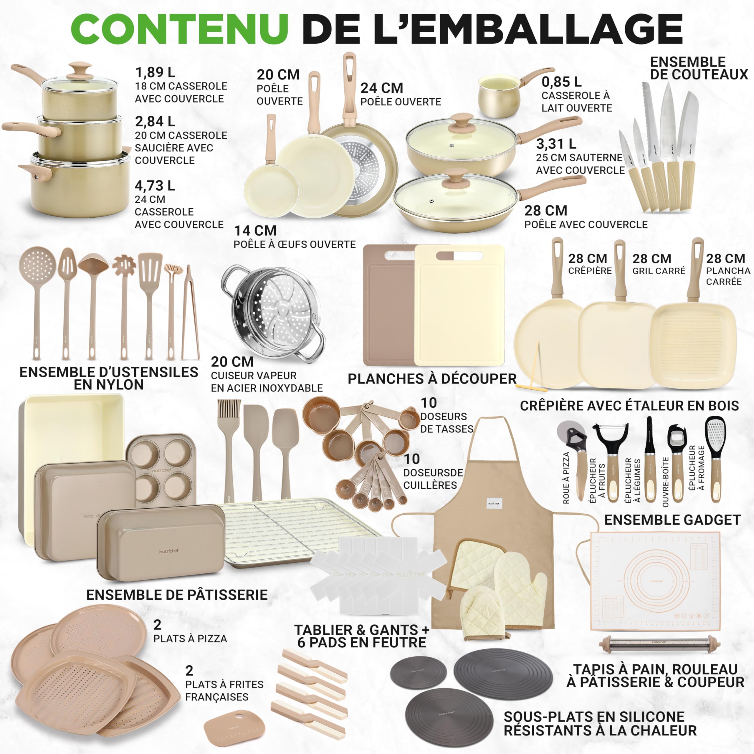 NutriChef Batterie de Cuisine 75 Pièces – Casseroles Antiadhésives, Ustensiles, Couteaux & Accessoires – Anti-Taches, Sécurité Alimentaire – Crème/Marron