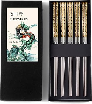 Hagary Dragon Chopsticks Metal Reusable Designed In Korea Japanese Style Stainless Steel 316 18/10 Non-Slip Dishwasher Safe Laser Etched Gold - 5 Pairs